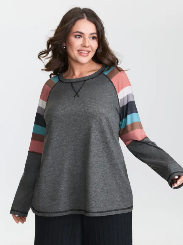 Heather Striped Color Block Sleeves T-Shirt sold by Bloomchic