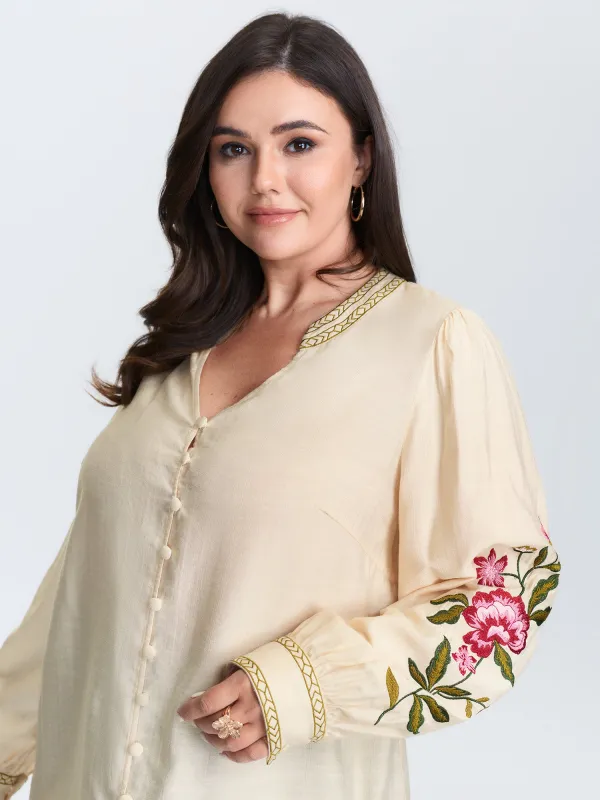 Floral Embroidery Button Front Blouse sold by Bloomchic