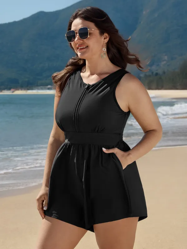 Plain Zipper Pocket One Piece Swimsuit sold by Bloomchic