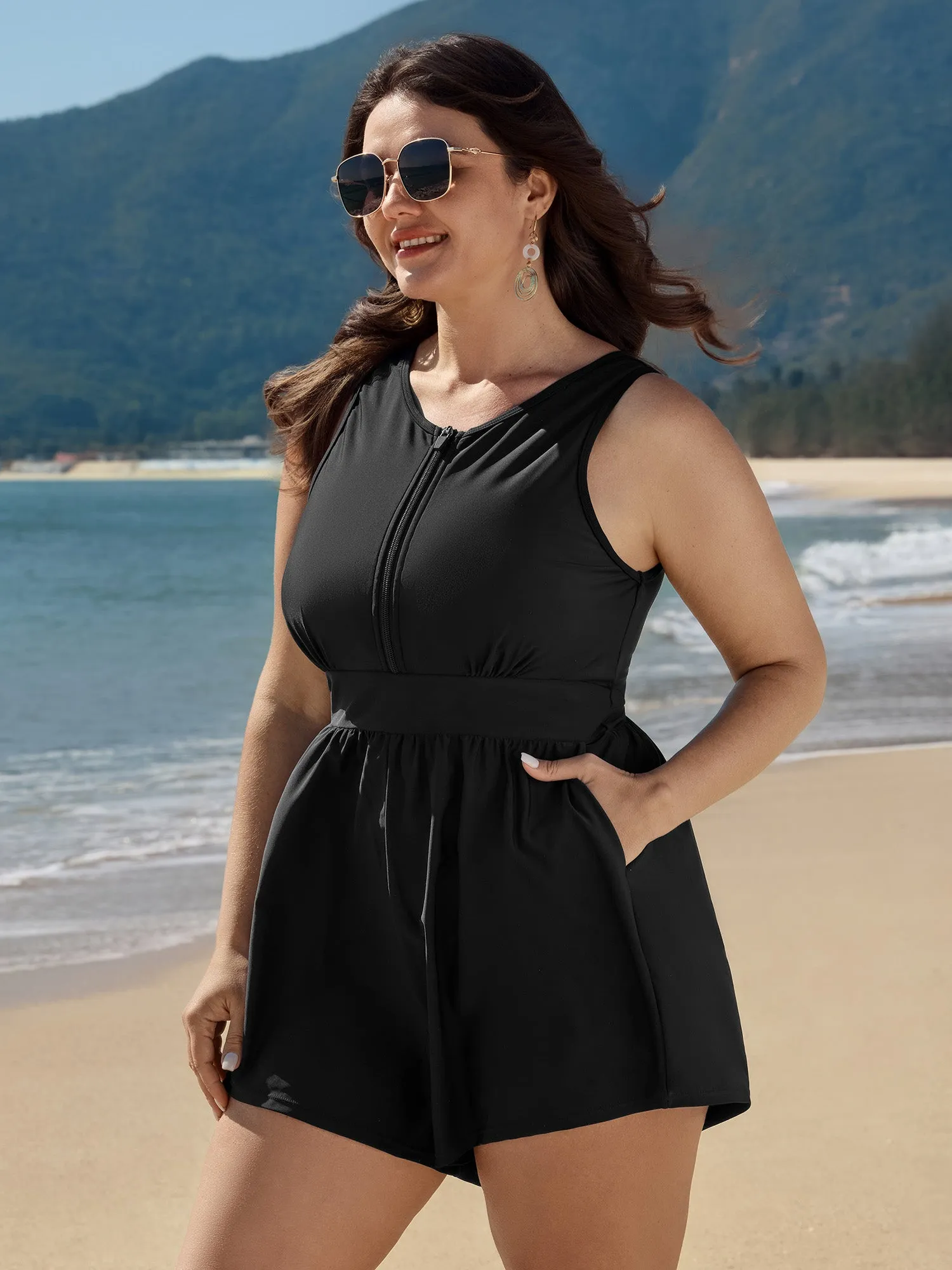 Plain Zipper Pocket One Piece Swimsuit sold by Bloomchic