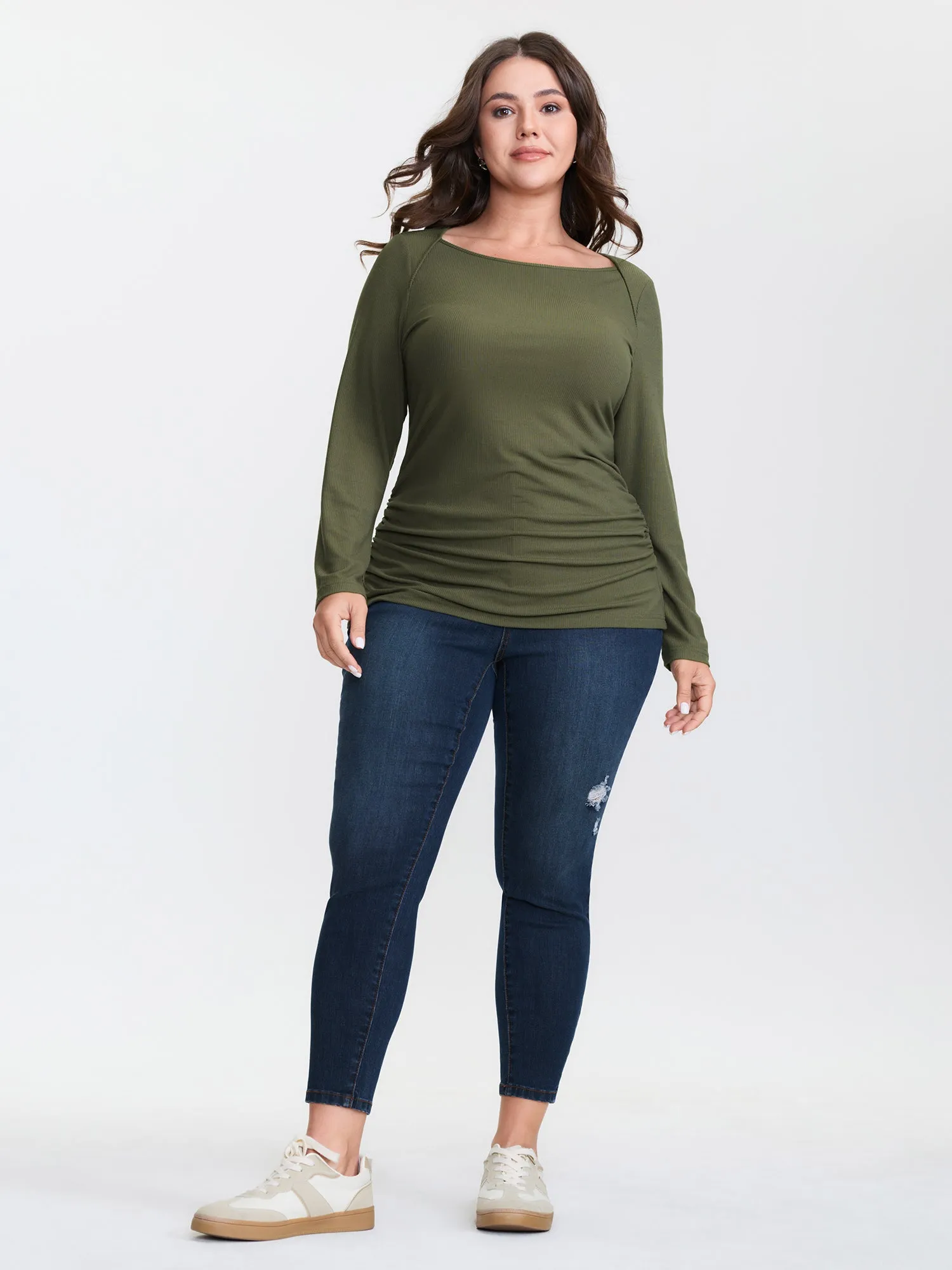 Supersoft Boat Neck Stretchy Ribbed Ruched T-Shirt sold by Bloomchic product image thumbnail 4