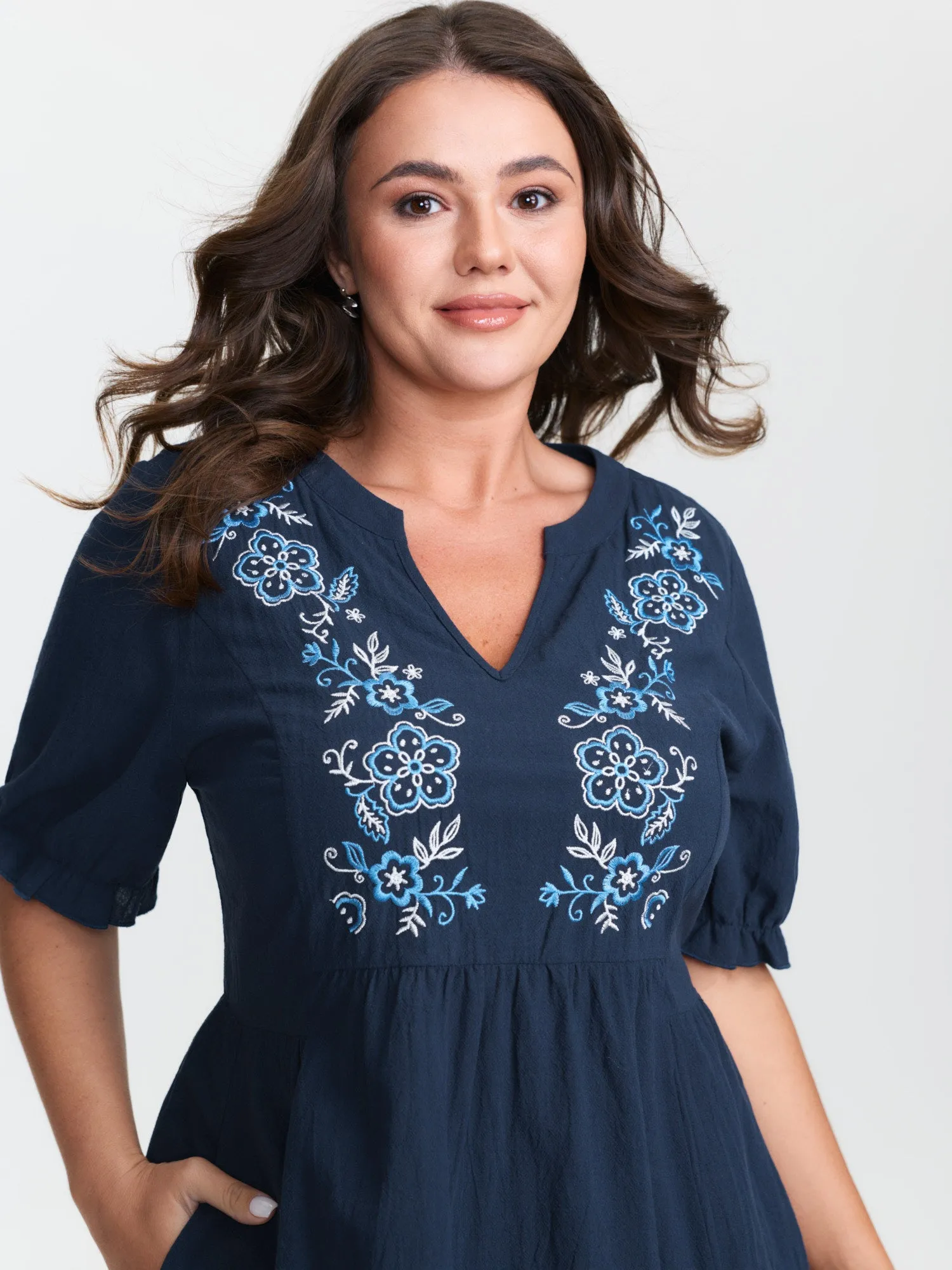 Cotton Floral Embroidery Notched Collar Midi Dress sold by Bloomchic product image thumbnail 2