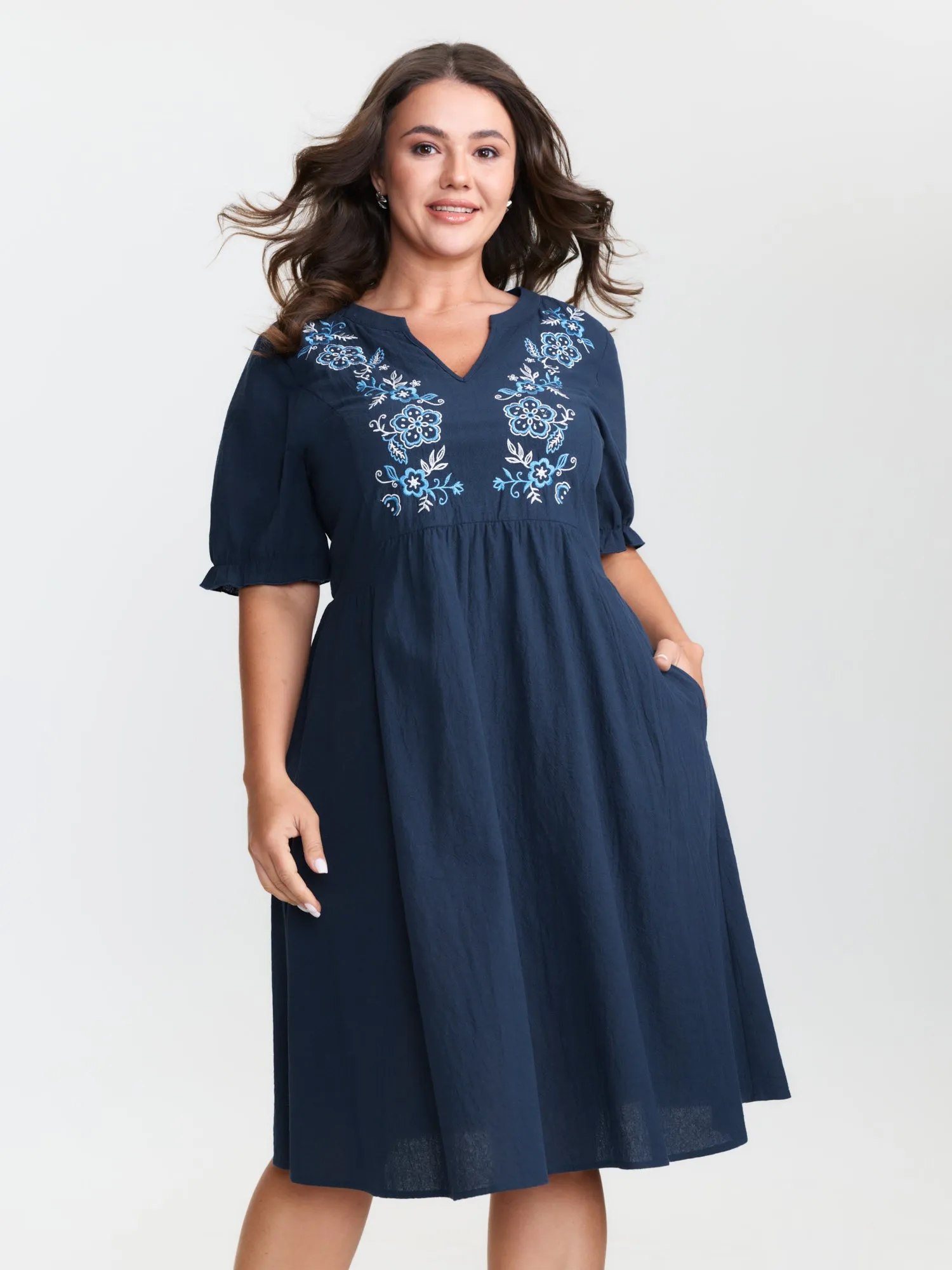 Cotton Floral Embroidery Notched Collar Midi Dress sold by Bloomchic