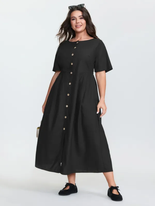 Button Detail Drawstring Waist Plain Midi Dress sold by Bloomchic