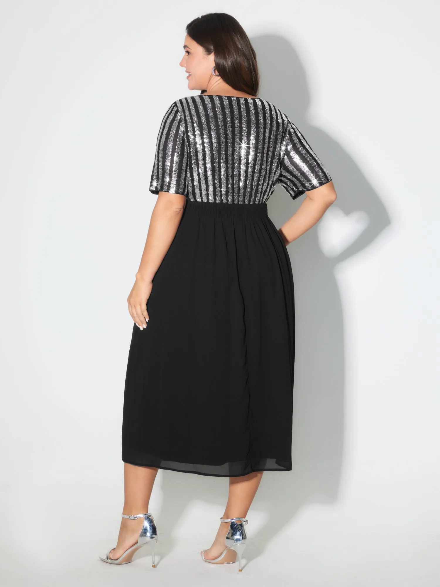 Striped Sequin V-Neck Contrast Midi Dress sold by Bloomchic product image thumbnail 4