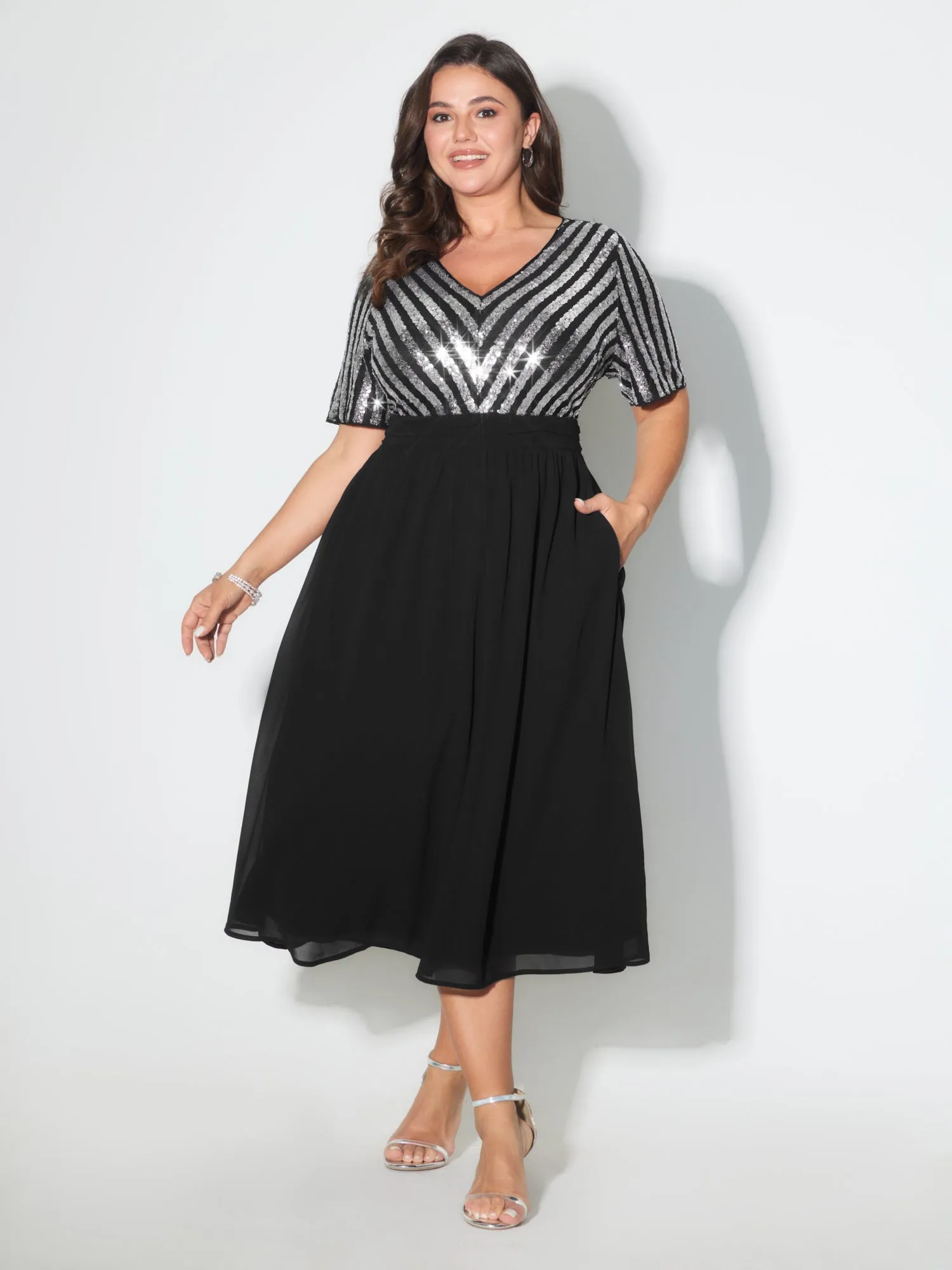 Striped Sequin V-Neck Contrast Midi Dress sold by Bloomchic product image thumbnail 3