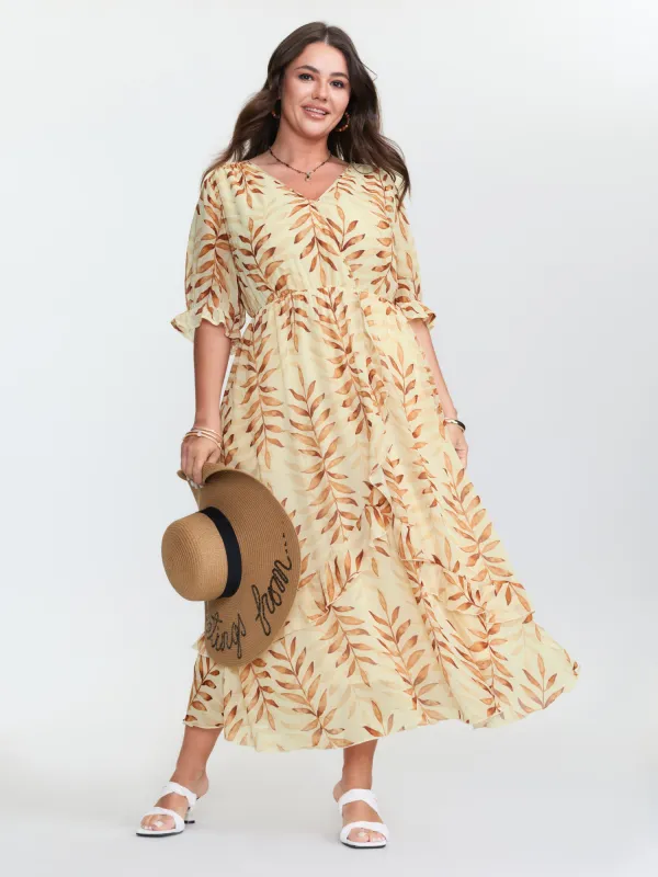 Leaf Print Wrap Neckline Ruffled Maxi Dress sold by Bloomchic