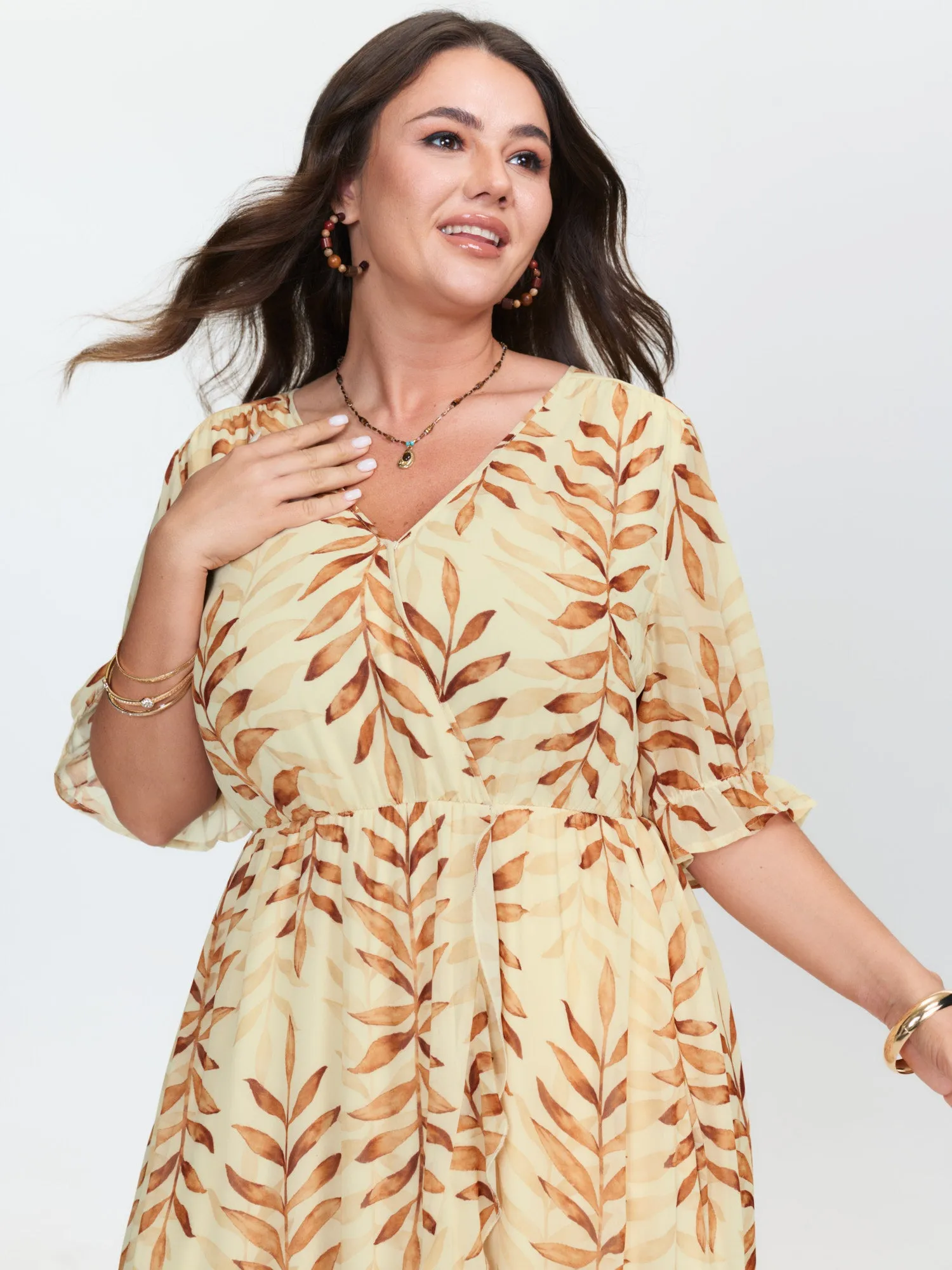 Leaf Print Wrap Neckline Ruffled Maxi Dress sold by Bloomchic product image thumbnail 3