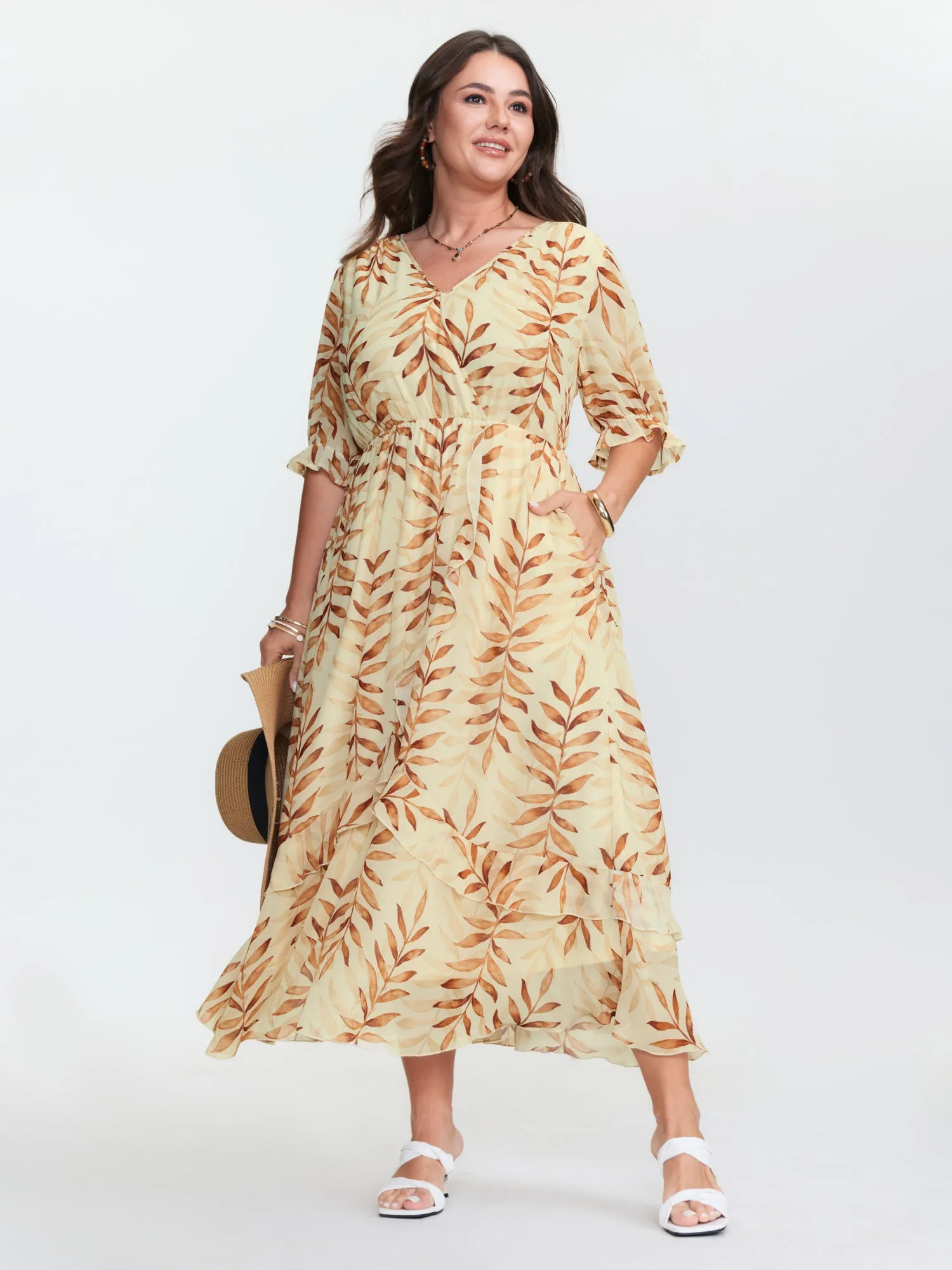 Leaf Print Wrap Neckline Ruffled Maxi Dress sold by Bloomchic product image thumbnail 2
