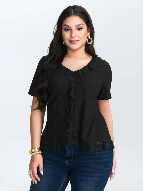 Ruffled Lace Textured Curvy Hem Jersey Top sold by Bloomchic