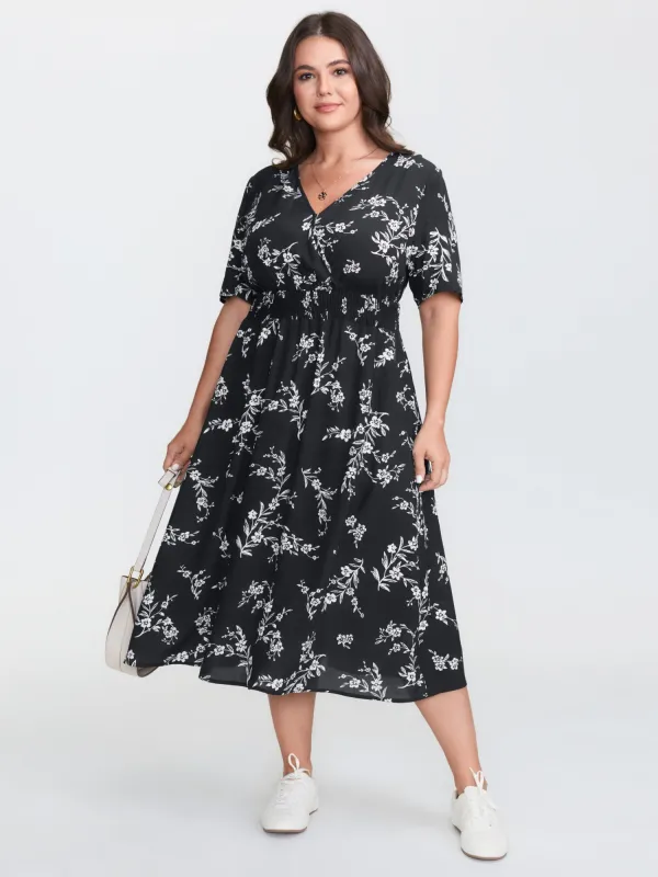 Floral Print Wrap Neckline Shirred Midi Dress sold by Bloomchic