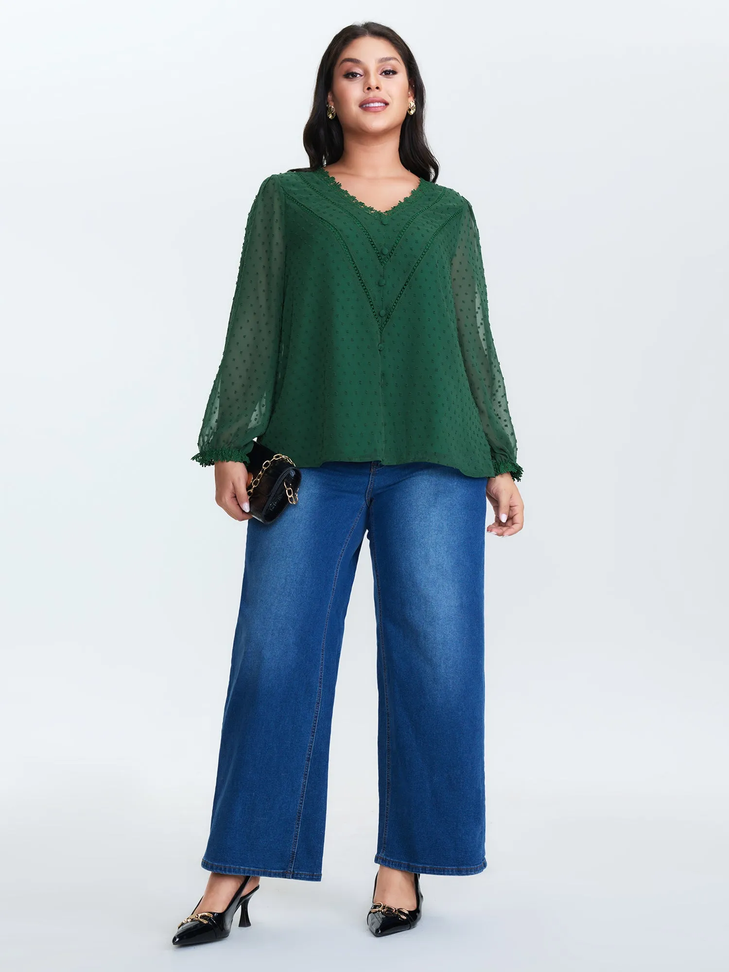 Jacquard Lace Trim V-Neck Blouse sold by Bloomchic product image thumbnail 3