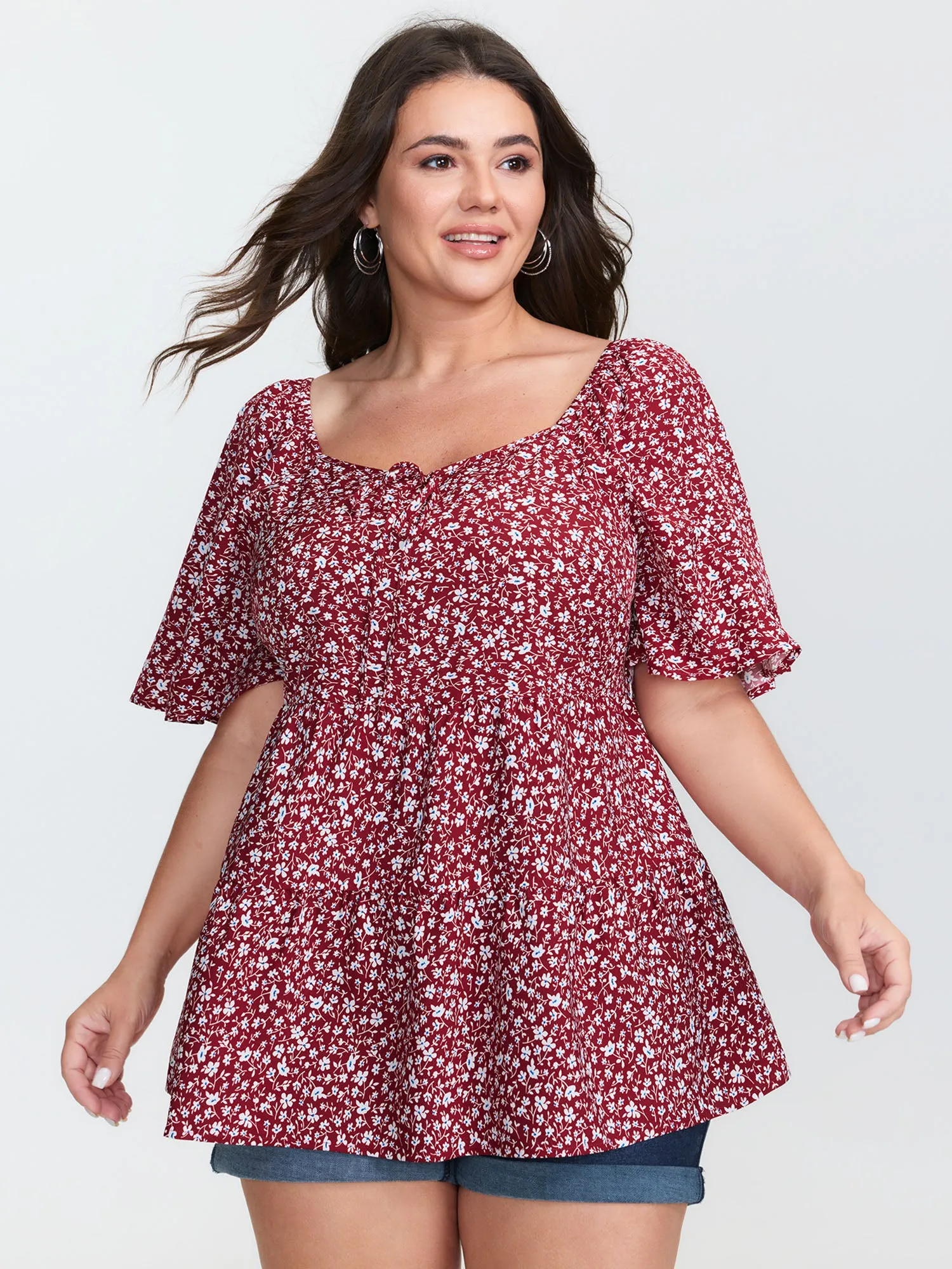 Micro Floral Print Sweetheart Neck Blouse sold by Bloomchic