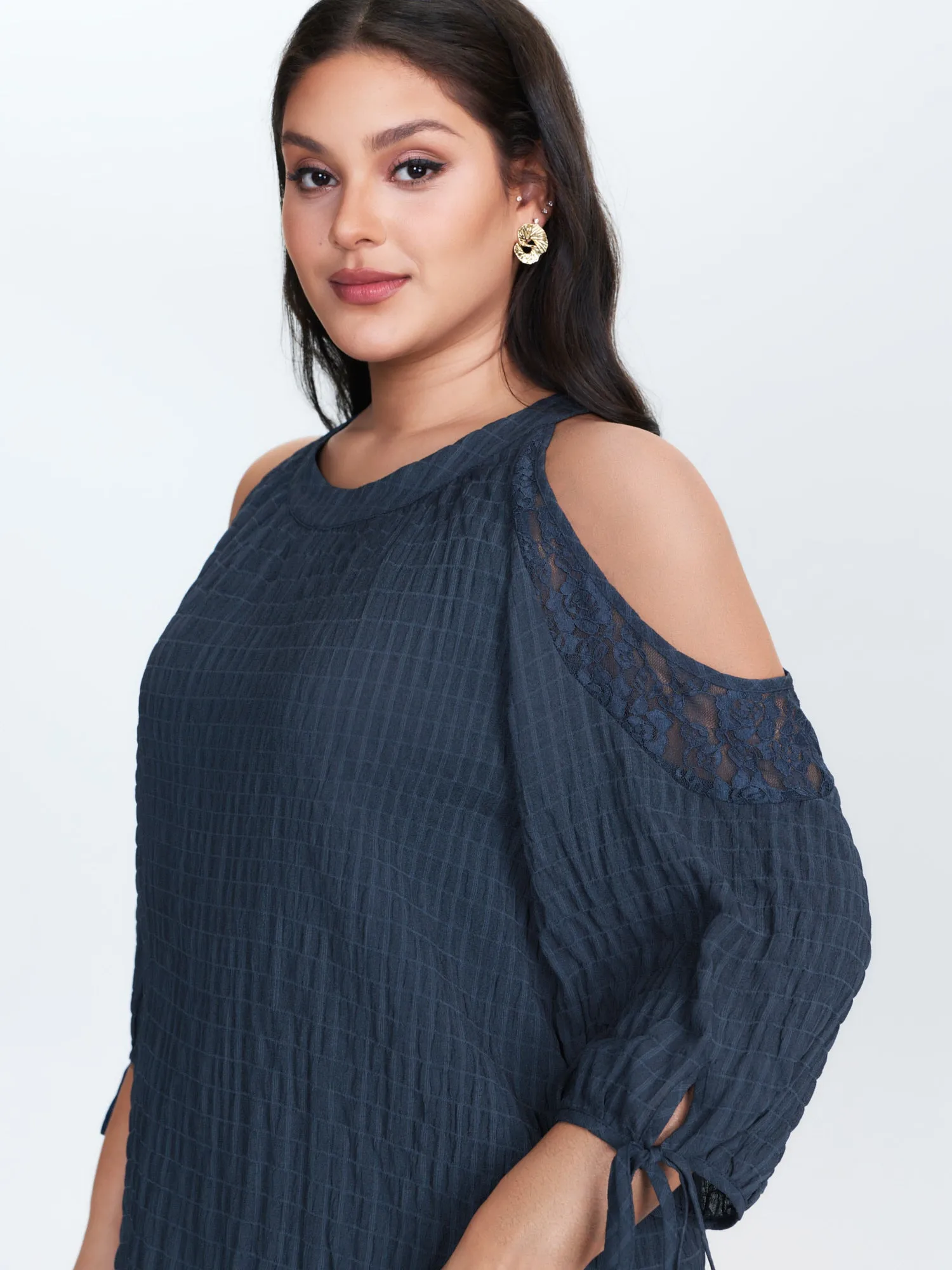 Shoulder Cut-Out Textured Back-Tie Blouse sold by Bloomchic product image thumbnail 2