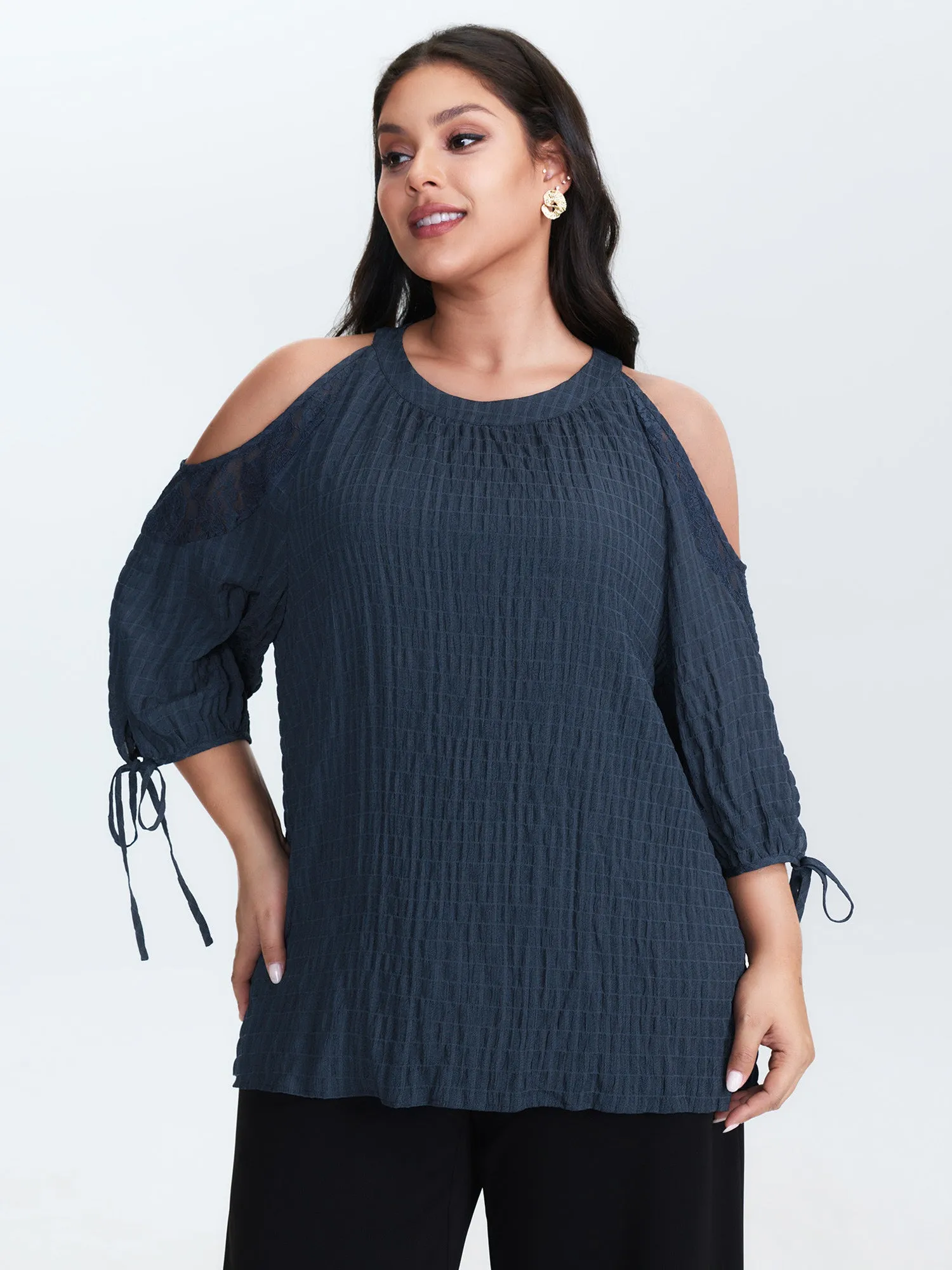 Shoulder Cut-Out Textured Back-Tie Blouse sold by Bloomchic product image thumbnail 4