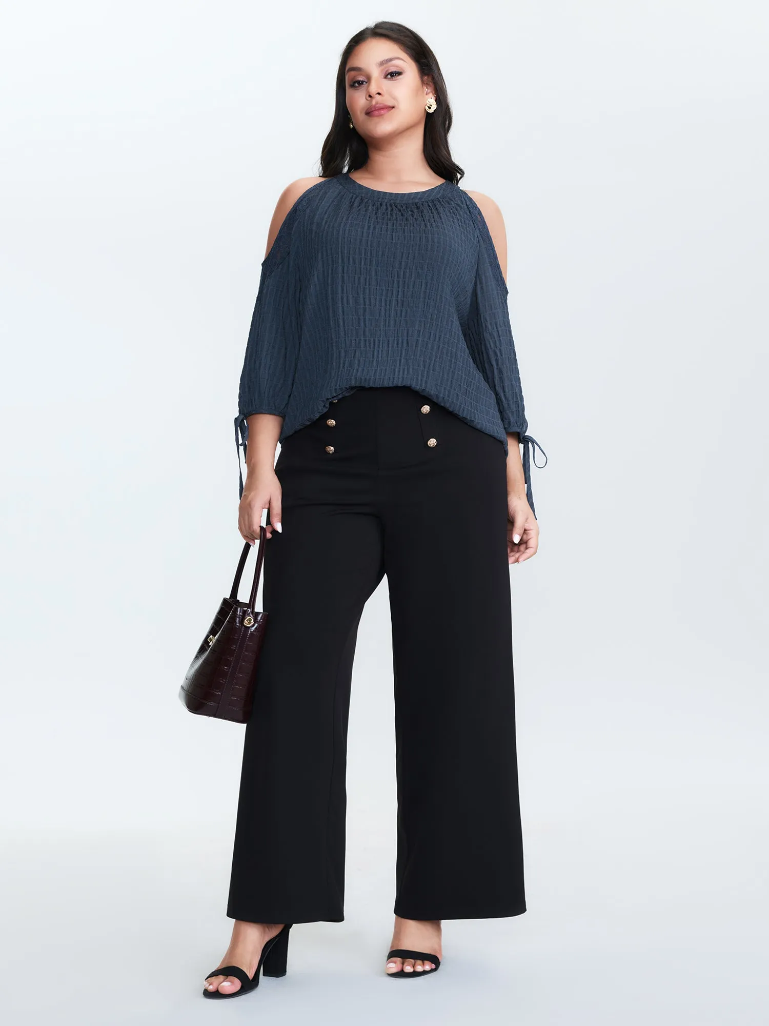 Shoulder Cut-Out Textured Back-Tie Blouse sold by Bloomchic product image thumbnail 3