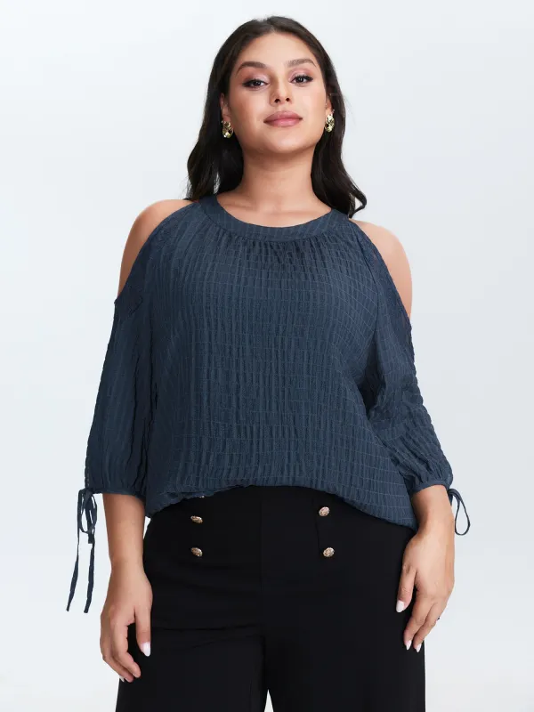 Shoulder Cut-Out Textured Back-Tie Blouse sold by Bloomchic