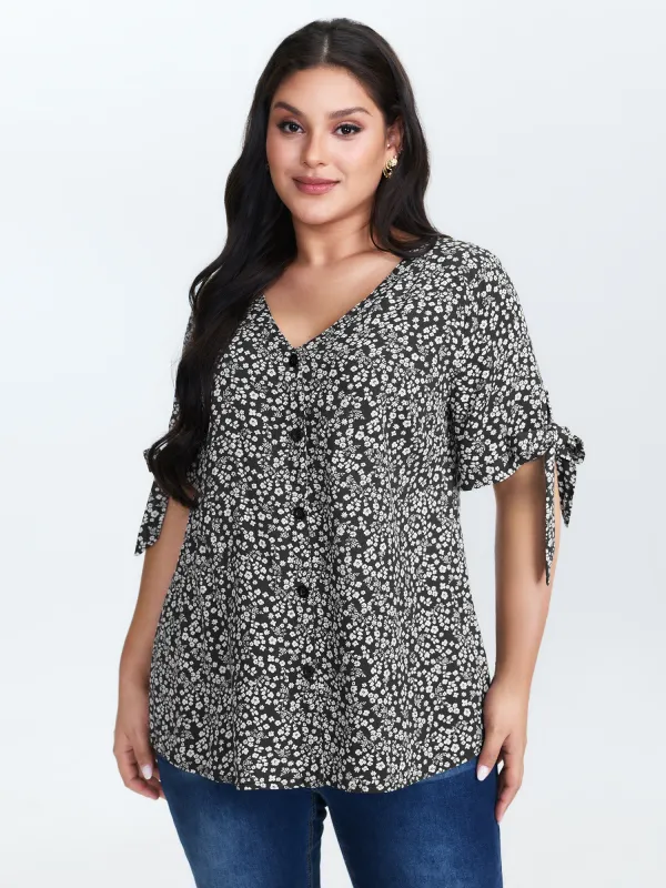 Rayon Floral Print Sleeve-Tie Blouse sold by Bloomchic