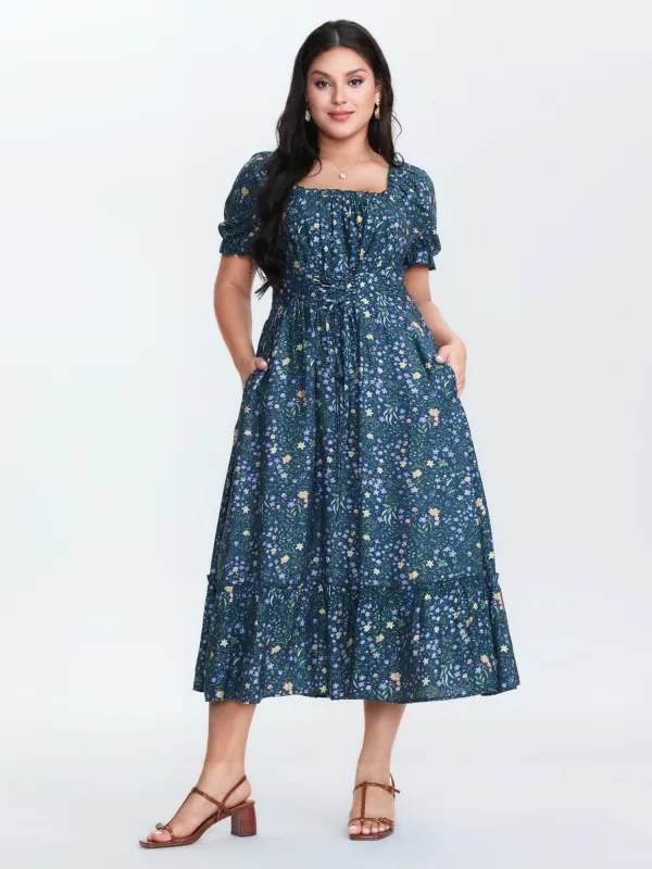 Floral Print Puffy Sleeve Cinched-Waist Midi Dress sold by Bloomchic