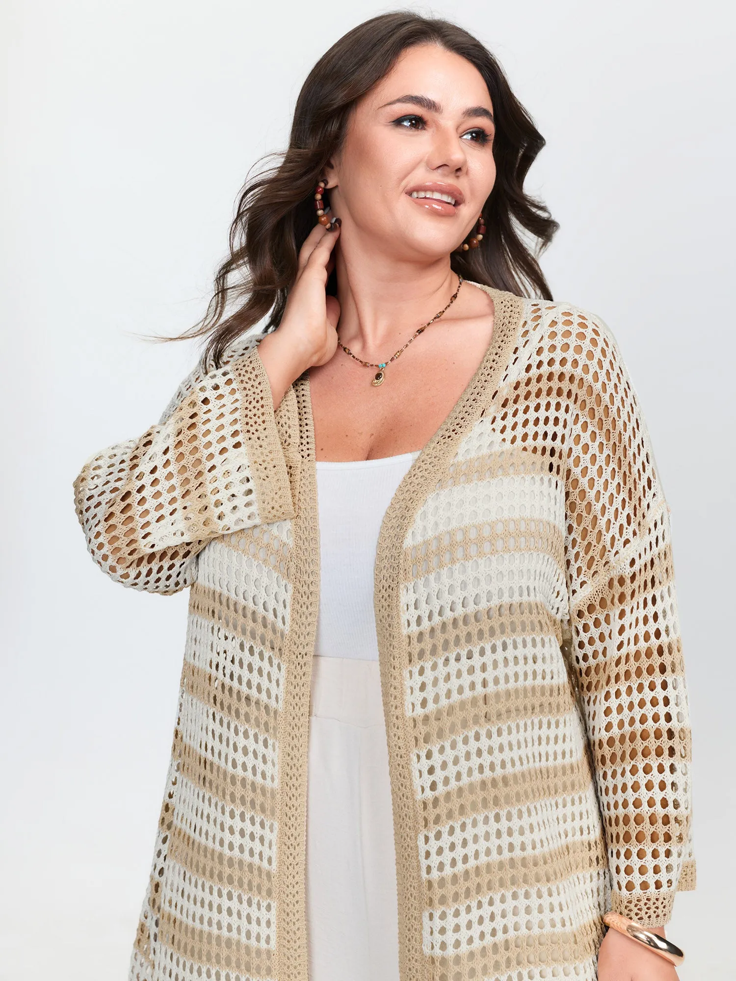 Crochet V-Neck Striped Knit Cardigan sold by Bloomchic product image thumbnail 3