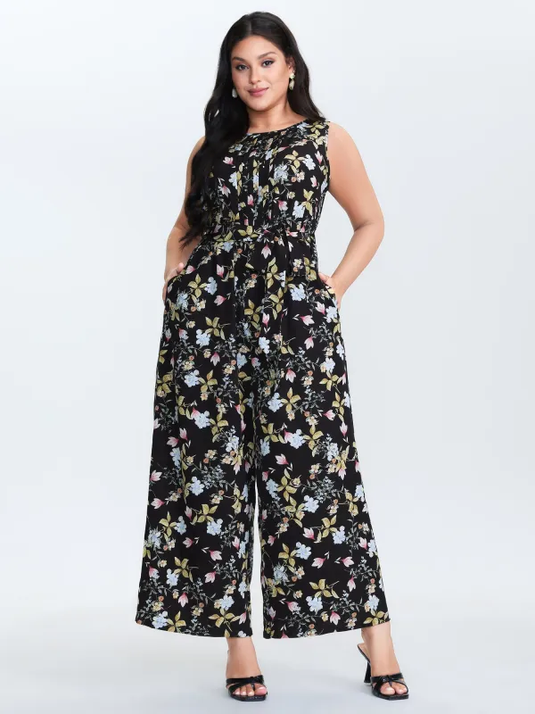 Floral Print Belted Plicated Detail Jumpsuit made by Bloomchic