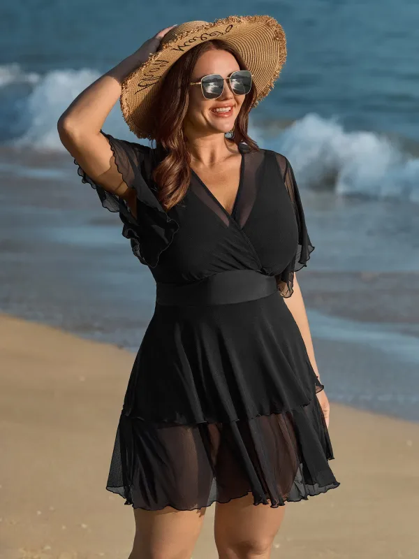 Sheer Ruffled Sleeve Layered Swim Dress sold by Bloomchic