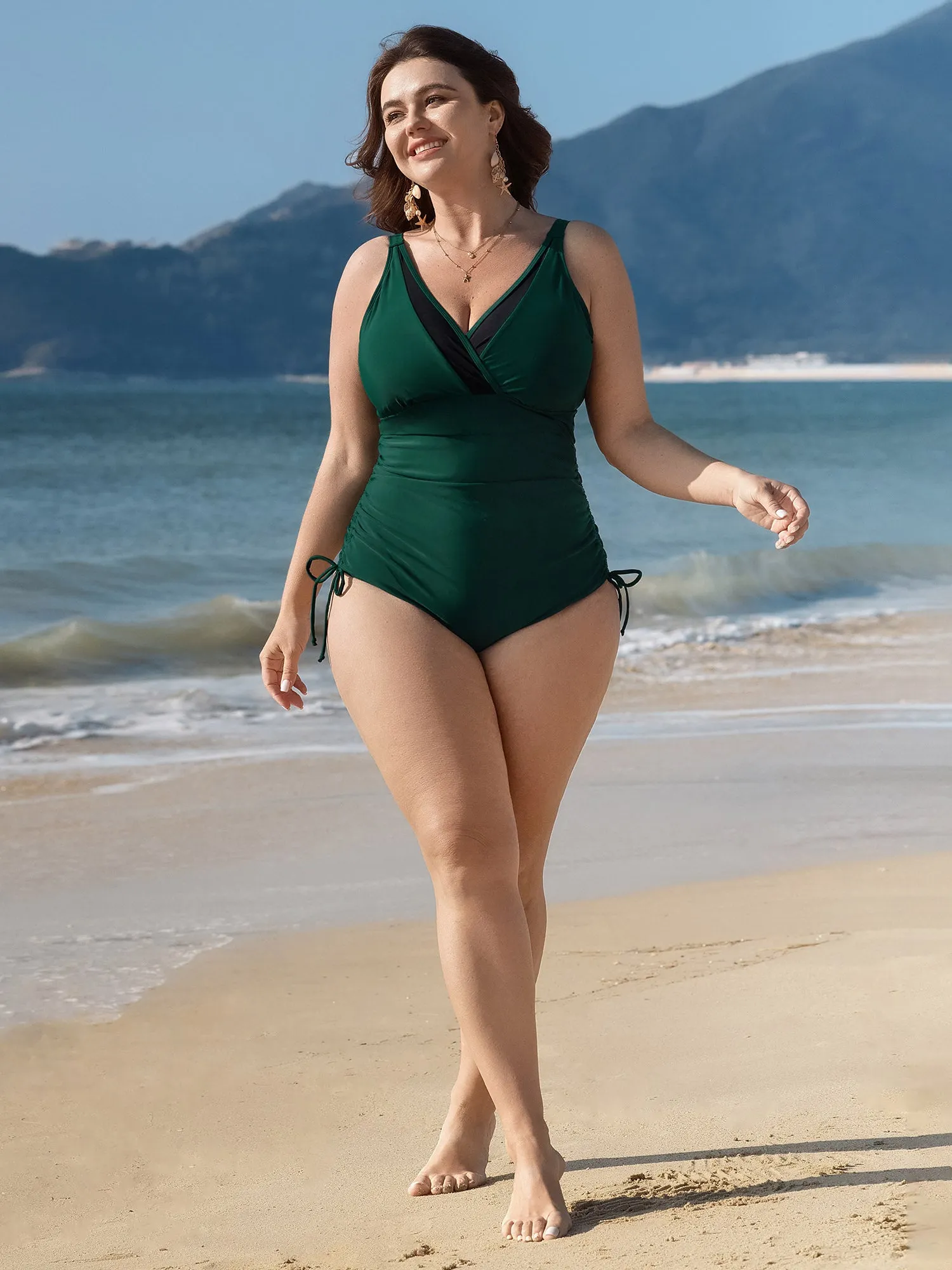 Drawstring Side Surplice Neck Adjustable One-Piece Swimsuit sold by Bloomchic product image thumbnail 3