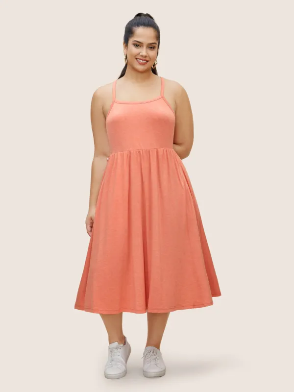 Plain Gathered Elastic Waist Midi Cami Dress sold by Bloomchic