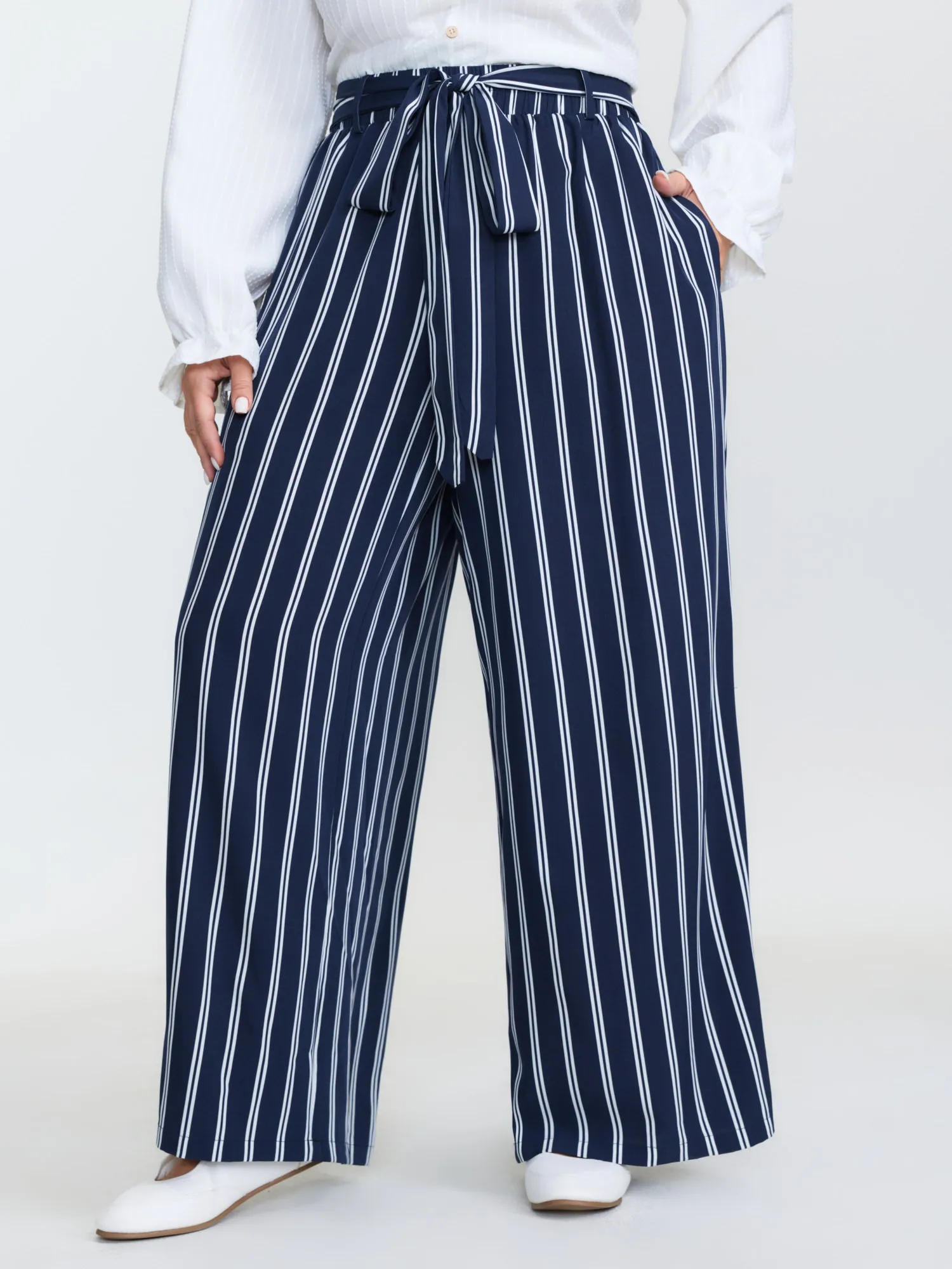 Striped Belted Straight-Leg Pants sold by Bloomchic