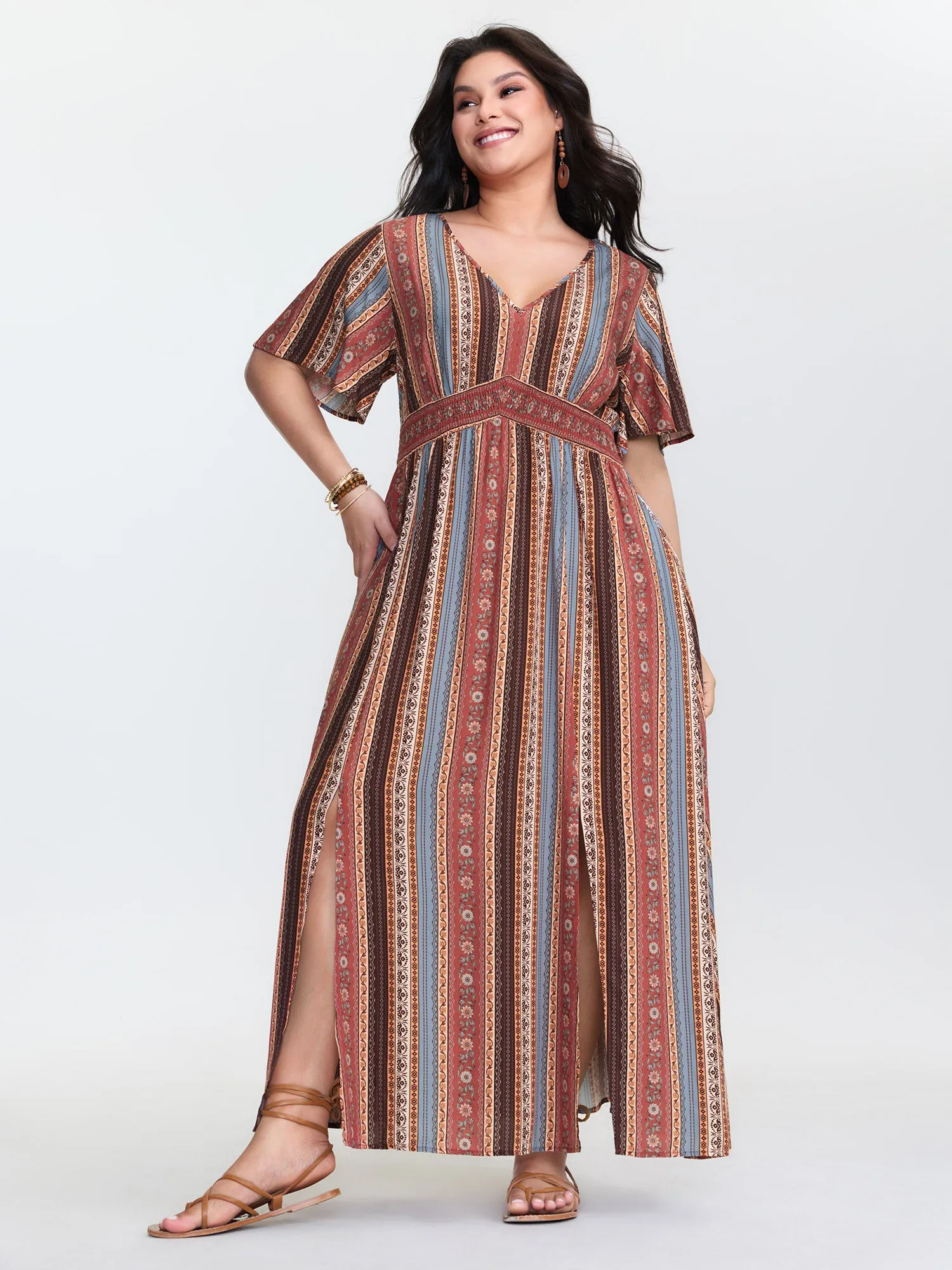 Boho Striped Print Cinched-Waist Maxi Dress sold by Bloomchic product image thumbnail 2