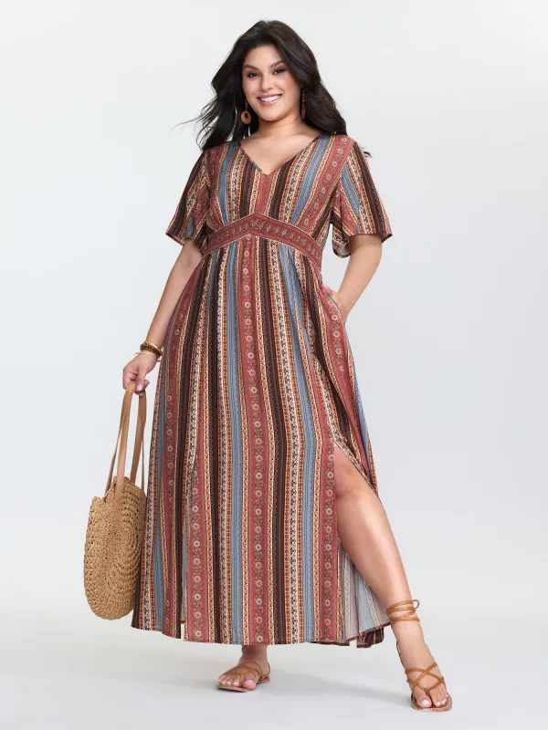 Boho Striped Print Cinched-Waist Maxi Dress sold by Bloomchic