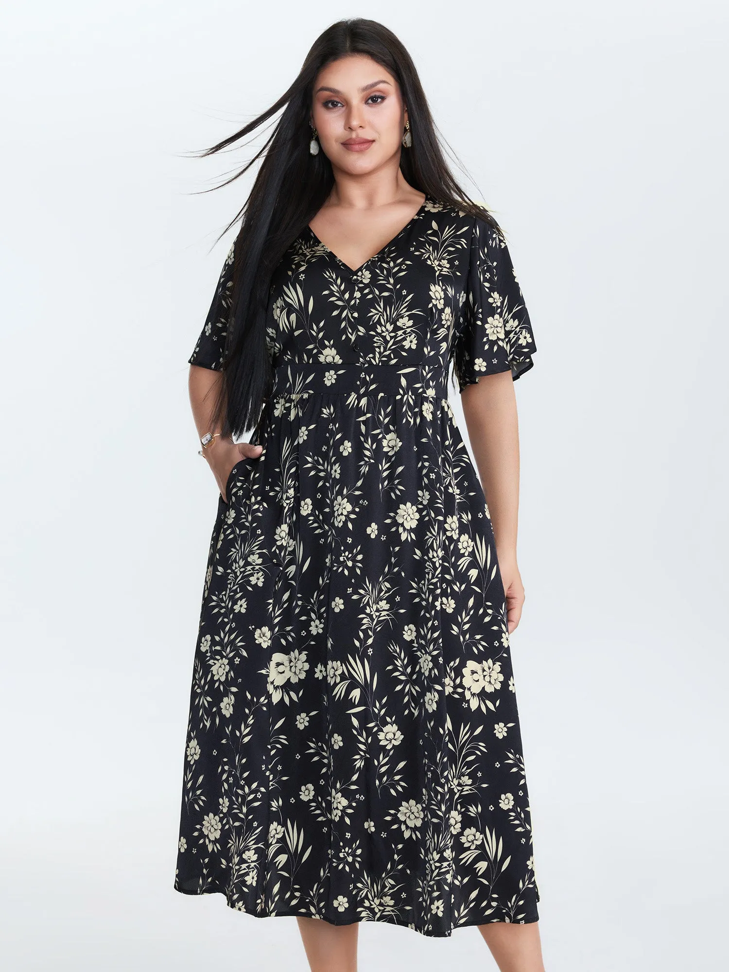 Floral Print V-Neck Cinched-Waist Midi Dress sold by Bloomchic product image thumbnail 3