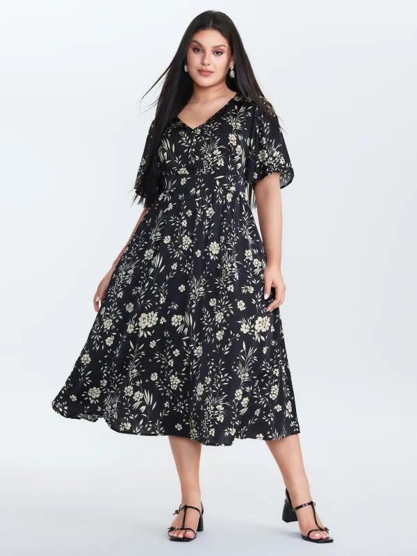 Floral Print V-Neck Cinched-Waist Midi Dress sold by Bloomchic