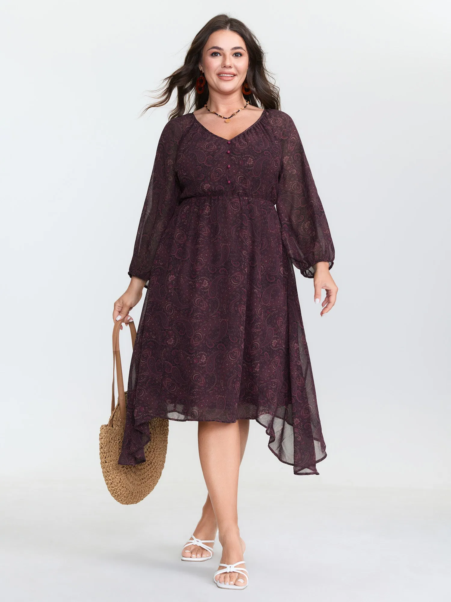 Sheer Sleeve Contrast V-Neck Midi Dress sold by Bloomchic