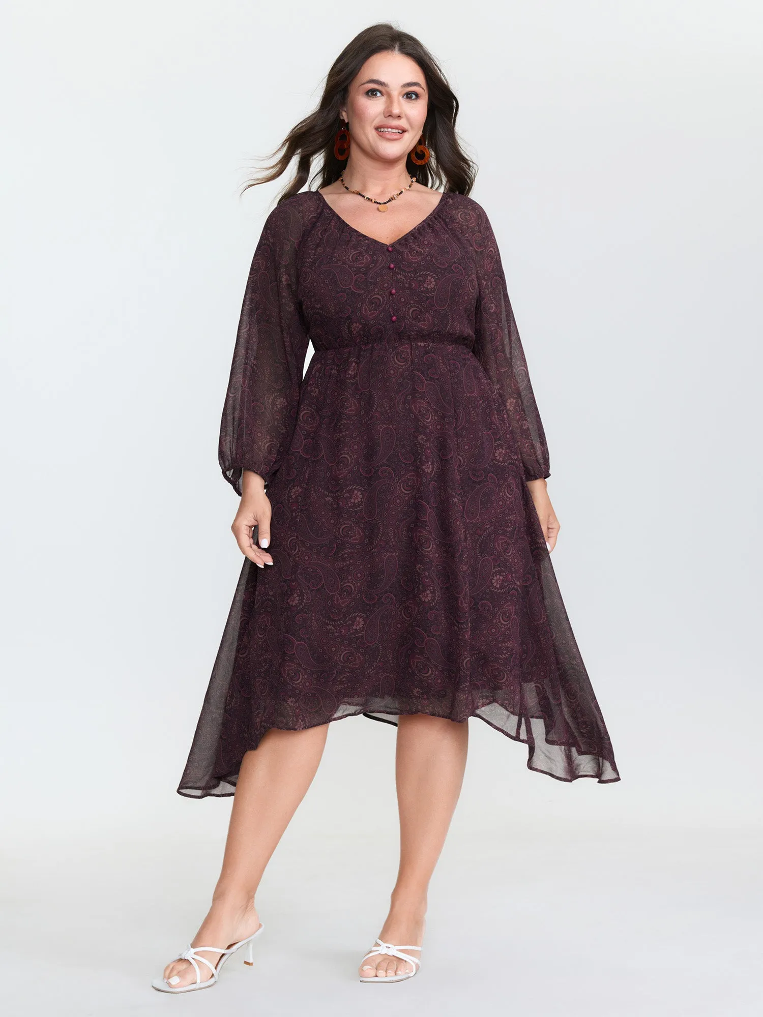 Sheer Sleeve Contrast V-Neck Midi Dress sold by Bloomchic product image thumbnail 2