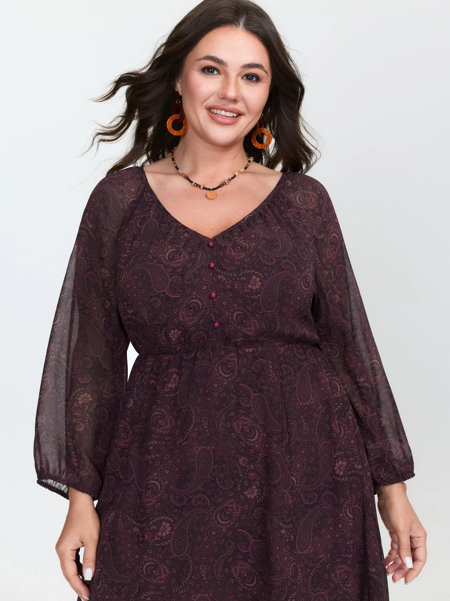 Sheer Sleeve Contrast V-Neck Midi Dress sold by Bloomchic product image thumbnail 3