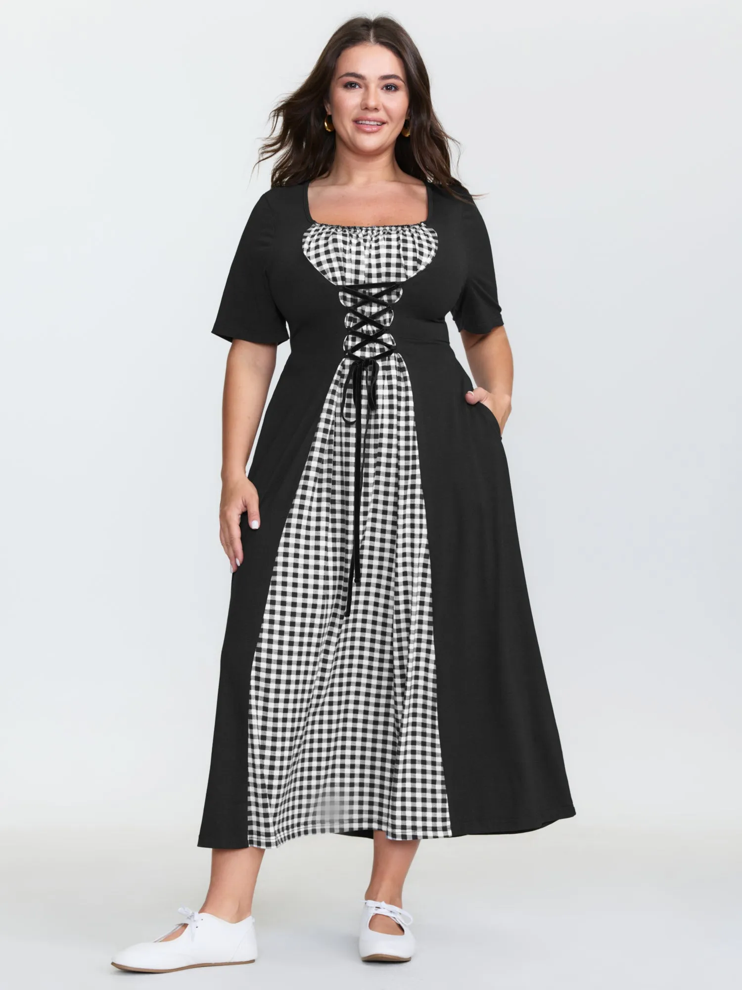 Checkered Layered Cross-Tie Maxi Dress sold by Bloomchic