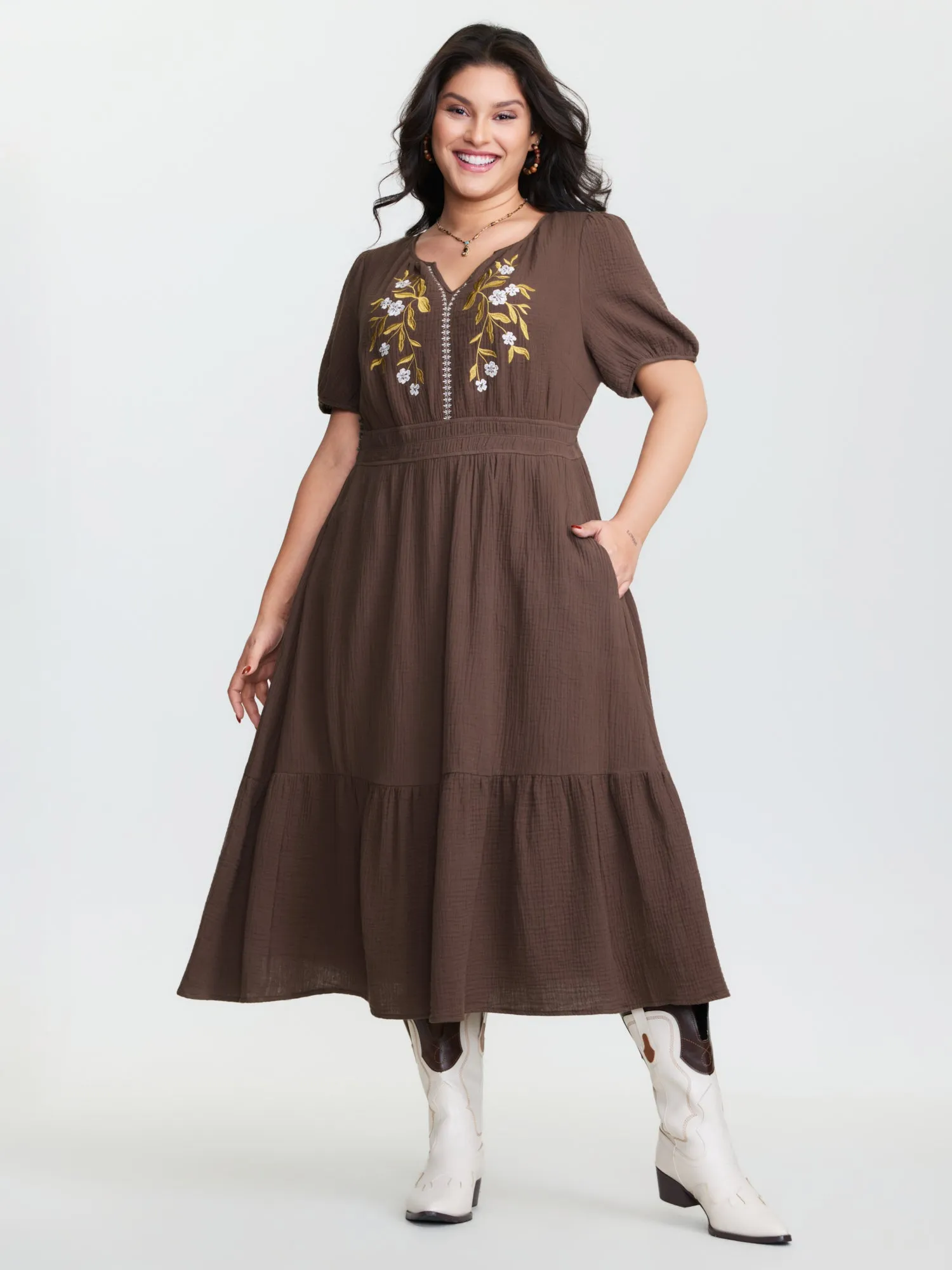 Floral Embroidered Shirred Waist Midi Dress sold by Bloomchic product image thumbnail 2