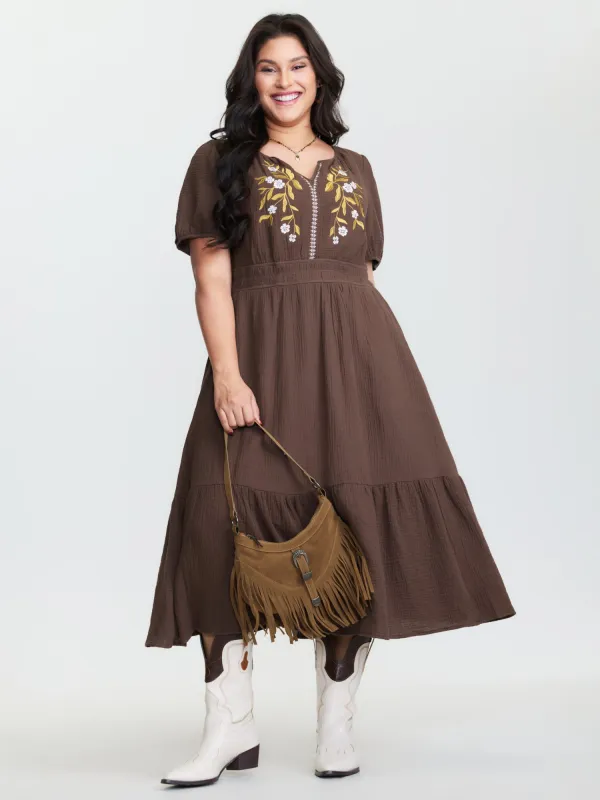 Floral Embroidered Shirred Waist Midi Dress sold by Bloomchic