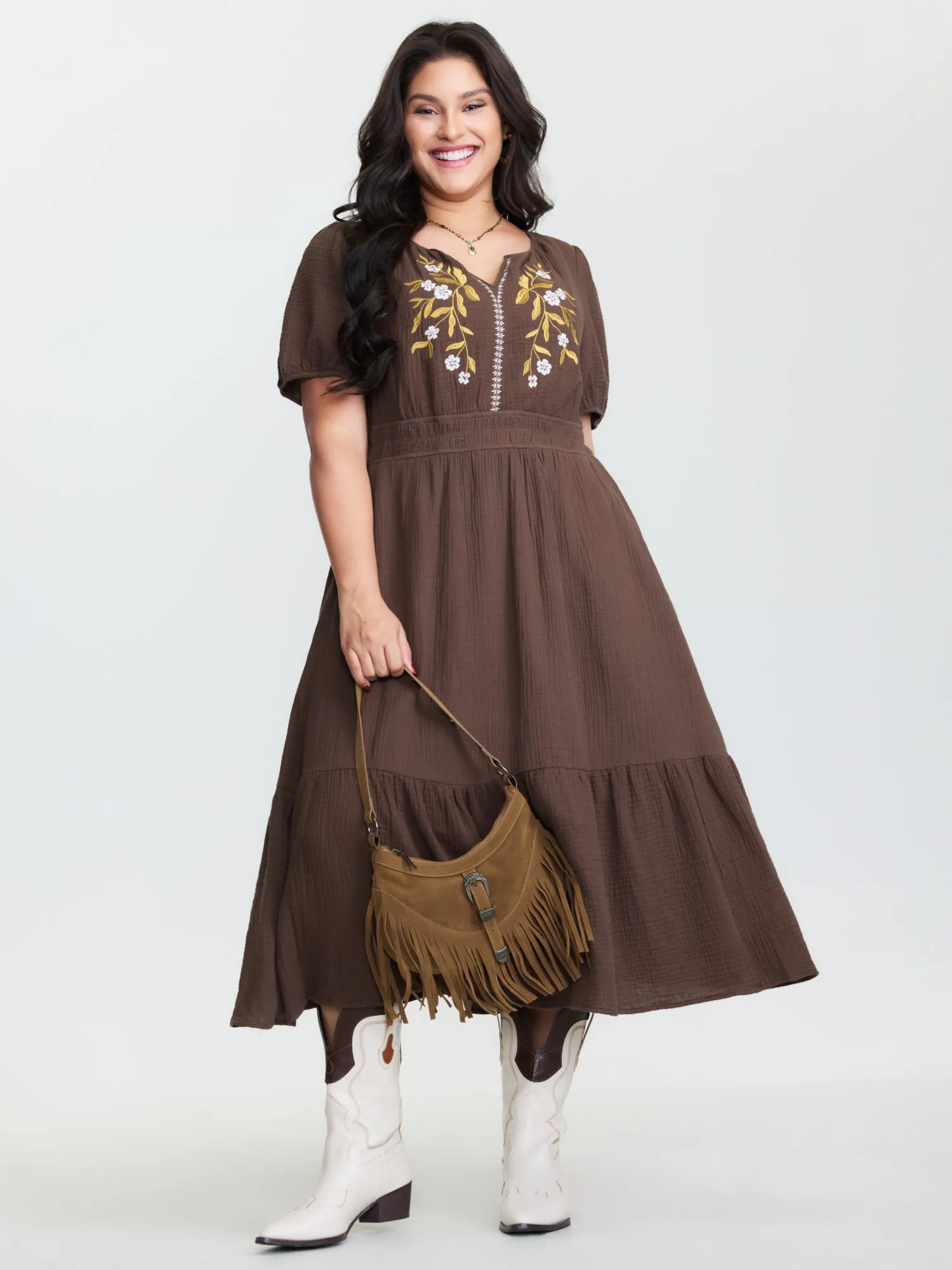 Floral Embroidered Shirred Waist Midi Dress sold by Bloomchic