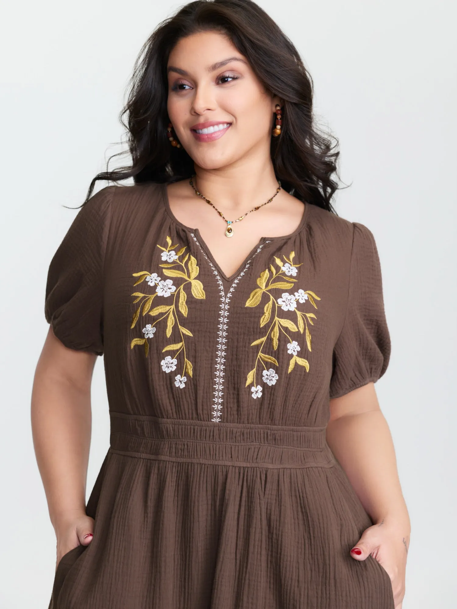 Floral Embroidered Shirred Waist Midi Dress sold by Bloomchic product image thumbnail 3