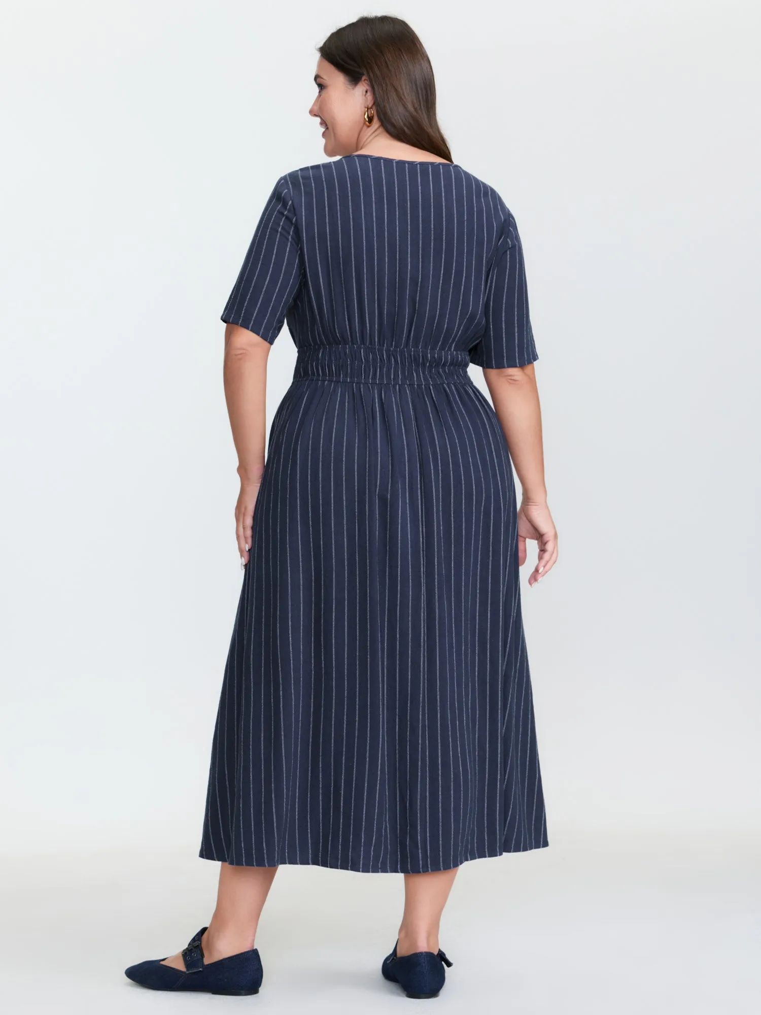 Striped V-Neck Shirred Waist Midi Dress sold by Bloomchic product image thumbnail 4