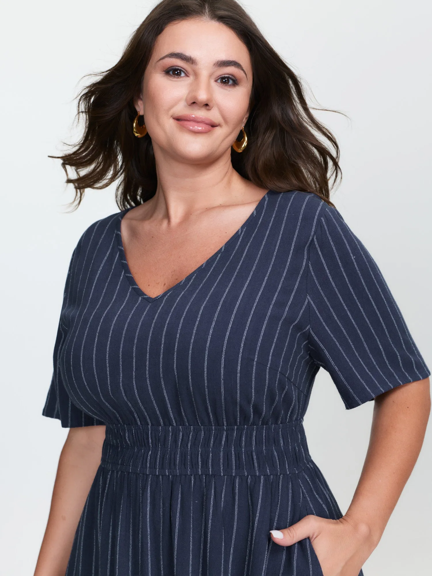 Striped V-Neck Shirred Waist Midi Dress sold by Bloomchic product image thumbnail 3