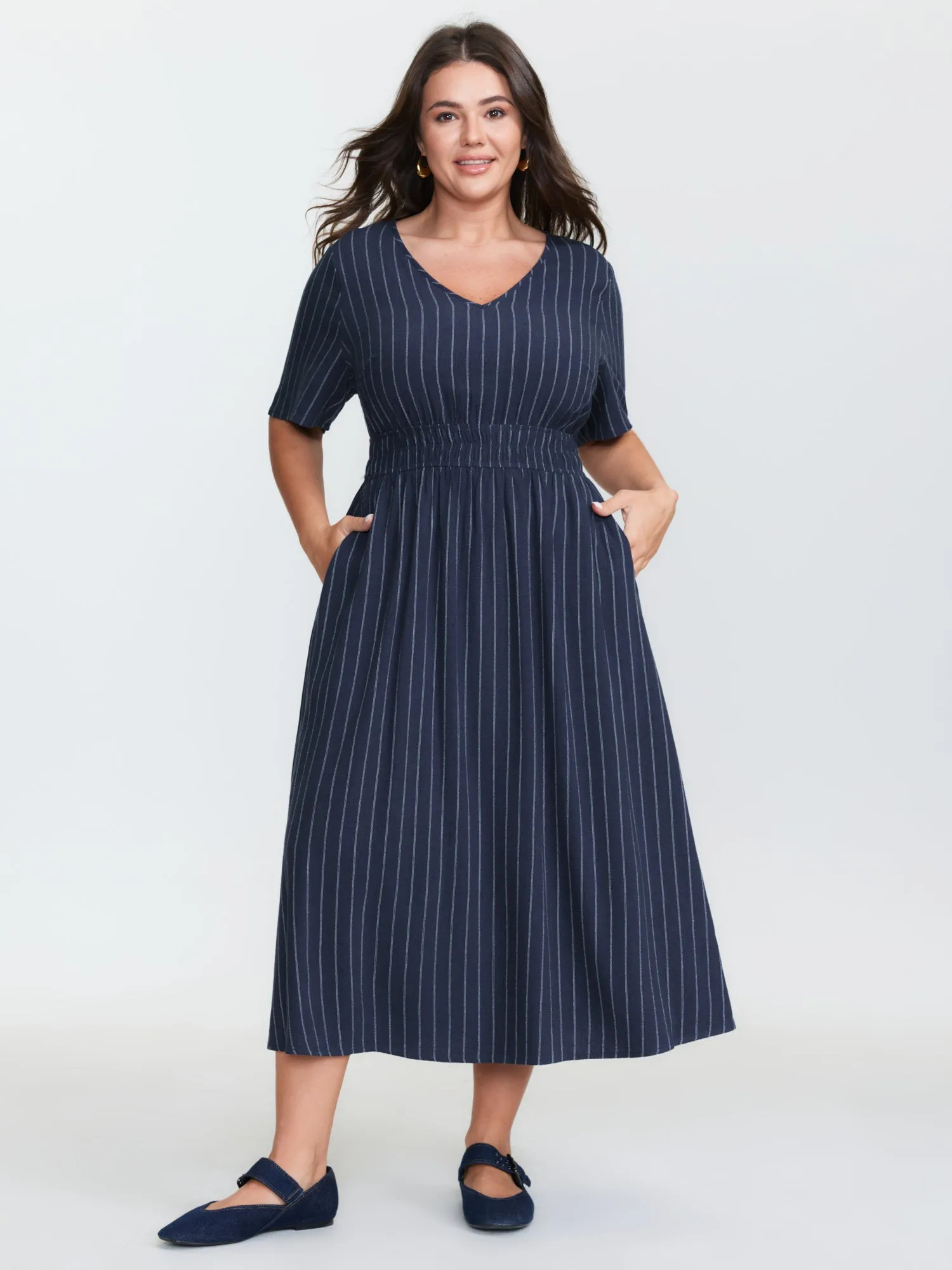 Striped V-Neck Shirred Waist Midi Dress sold by Bloomchic product image thumbnail 2