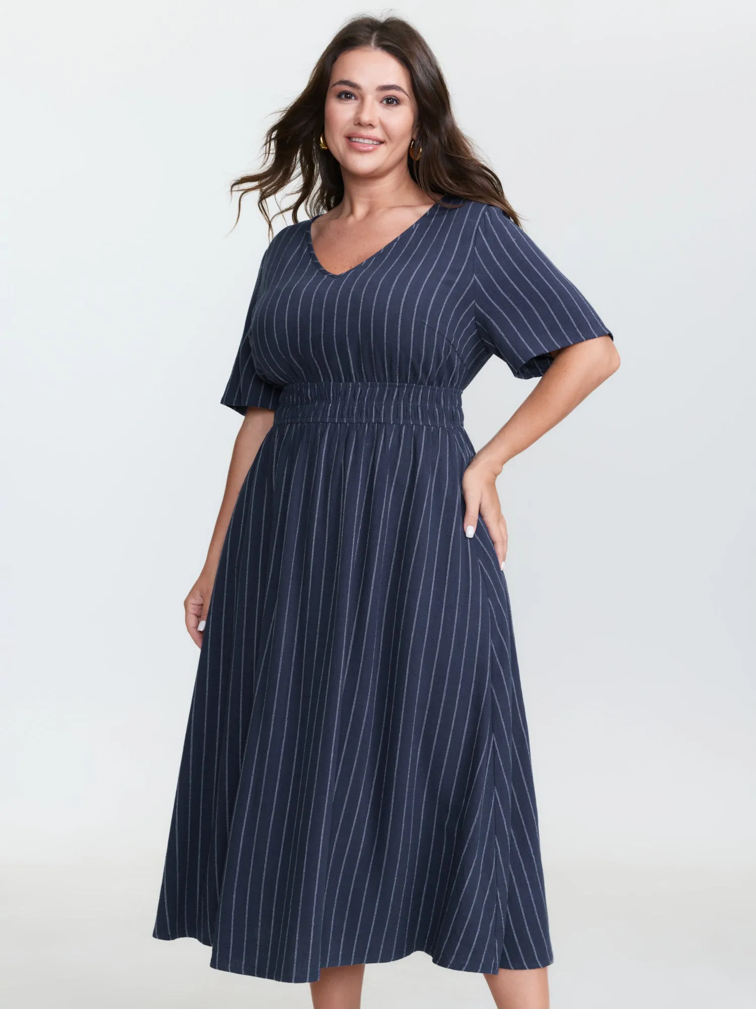 Striped V-Neck Shirred Waist Midi Dress sold by Bloomchic