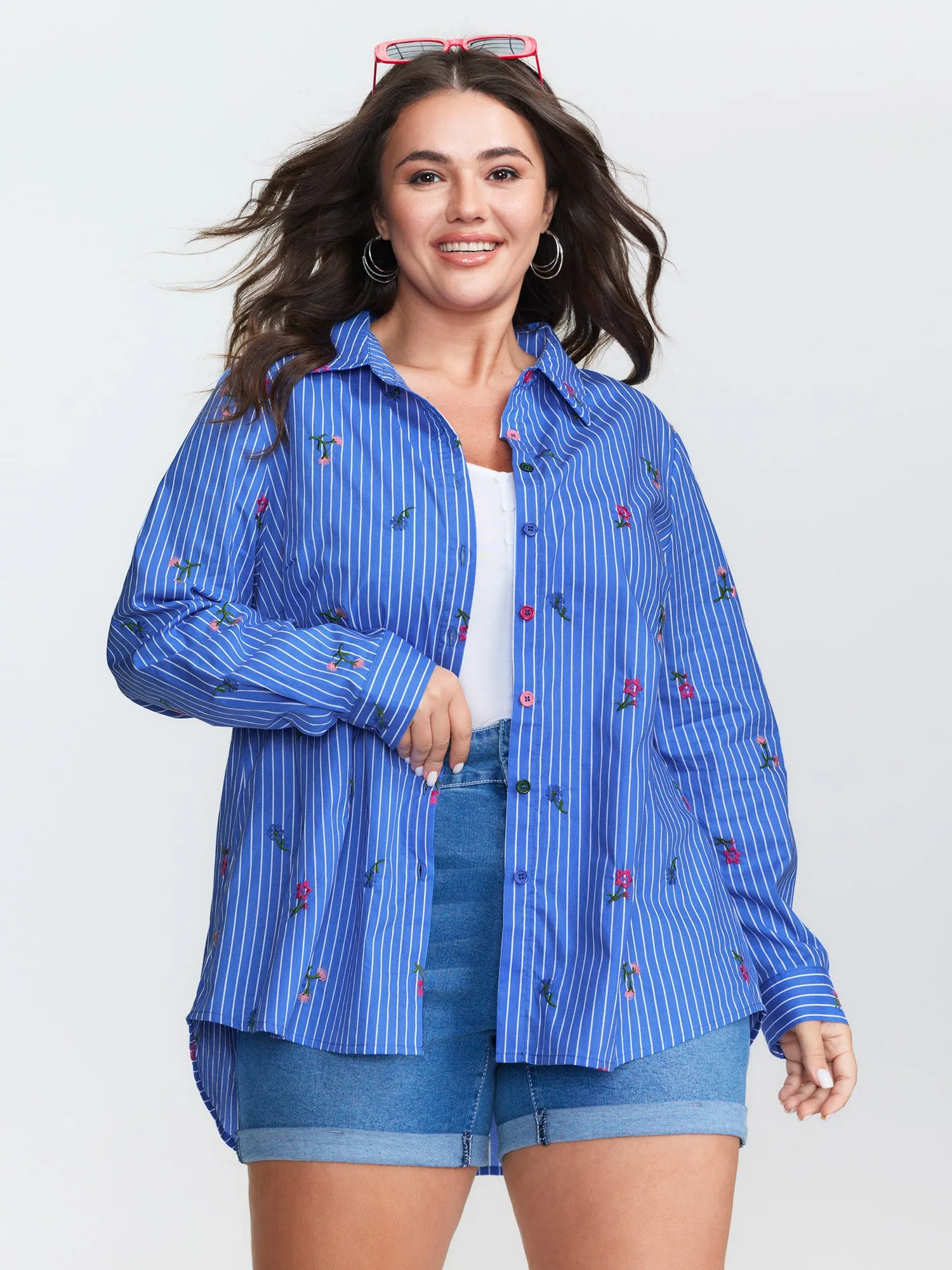 Floral Embroidered Striped Button-Down Shirt sold by Bloomchic