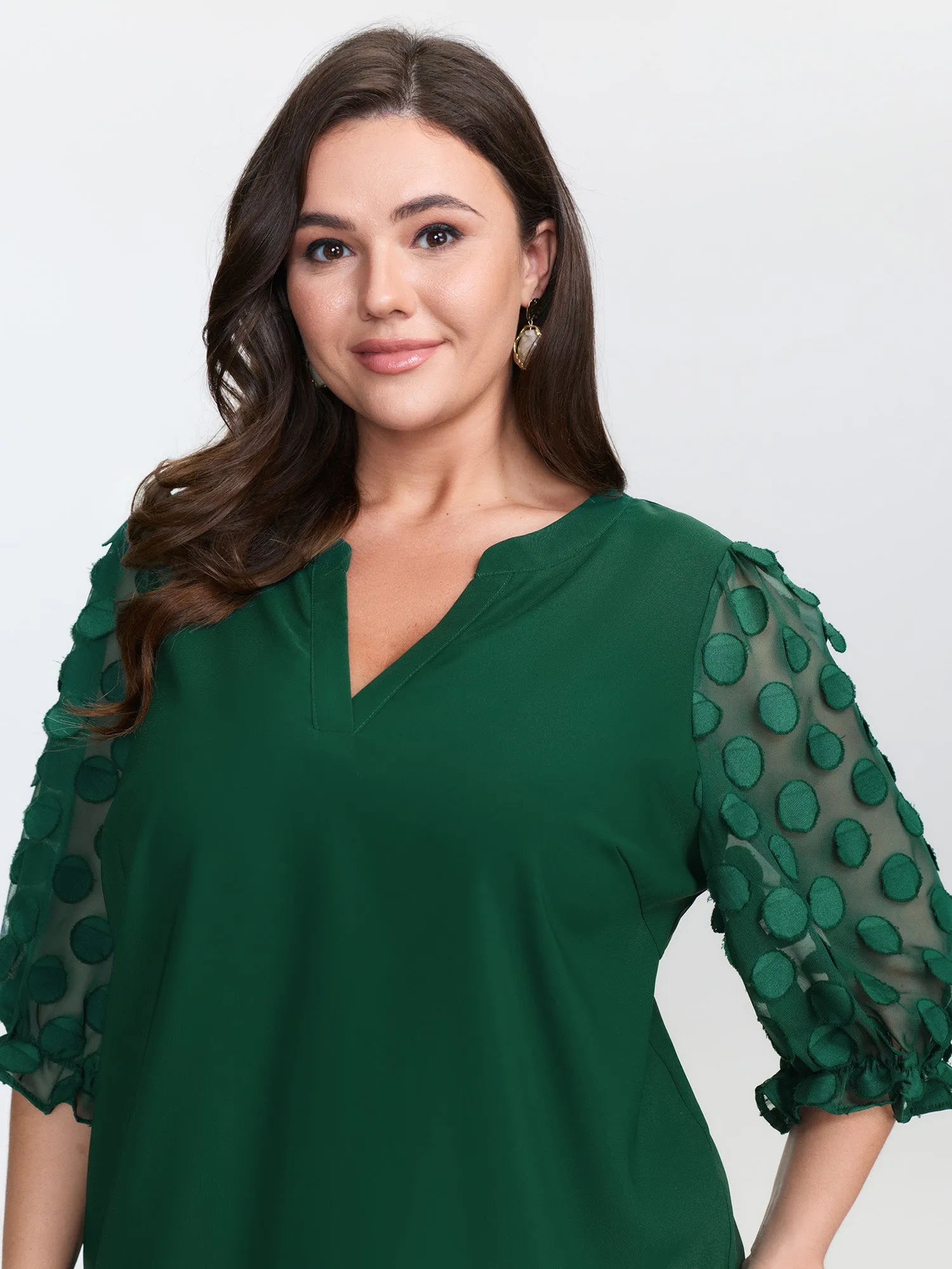 Textured Sleeve Notched Collar Blouse sold by Bloomchic