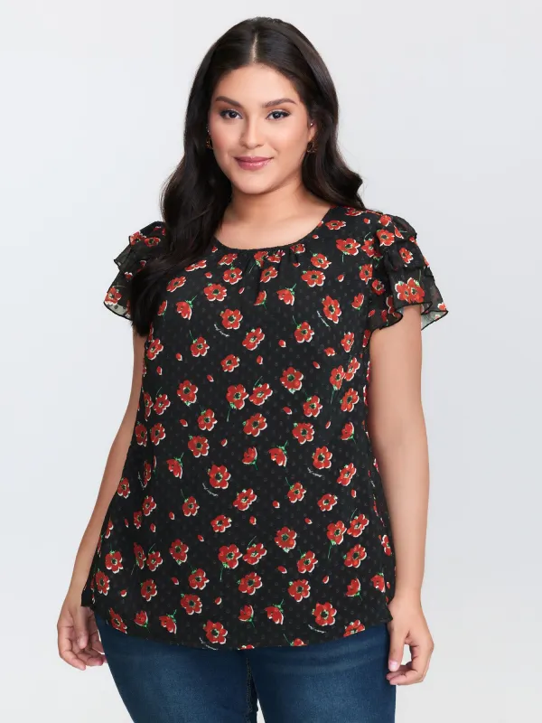 Floral Print Ruffled Sleeve Textured Blouse sold by Bloomchic