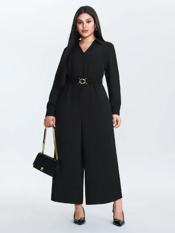 Belted Collar Stretchy Waist Jumpsuit sold by Bloomchic