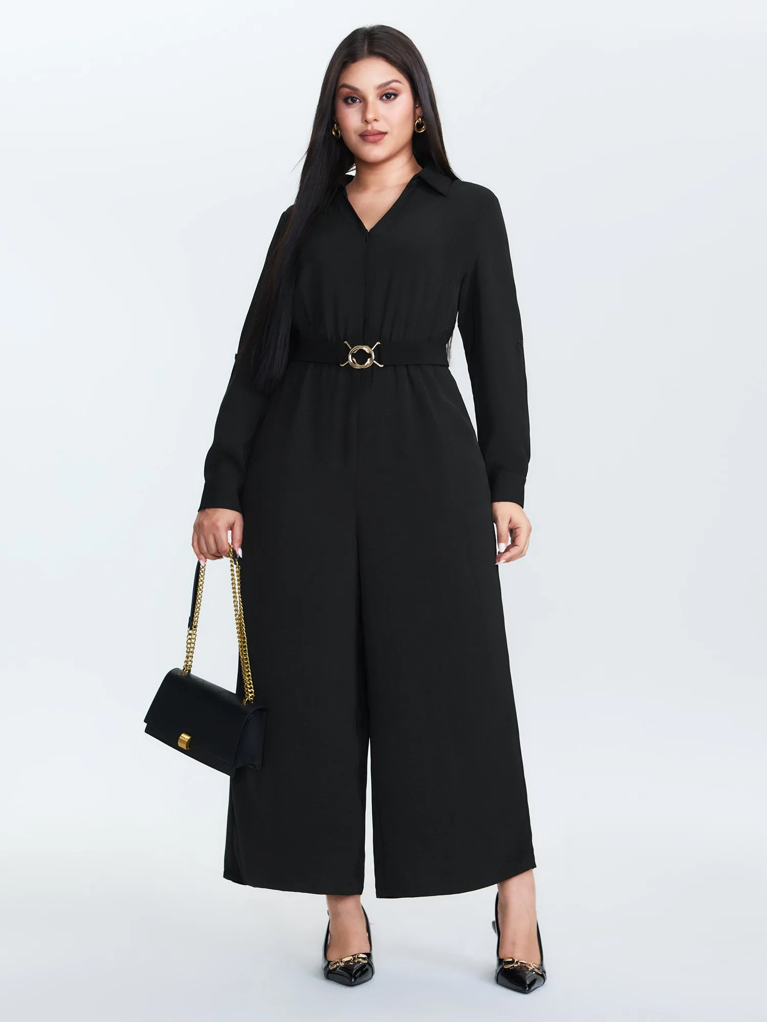 Belted Collar Stretchy Waist Jumpsuit sold by Bloomchic